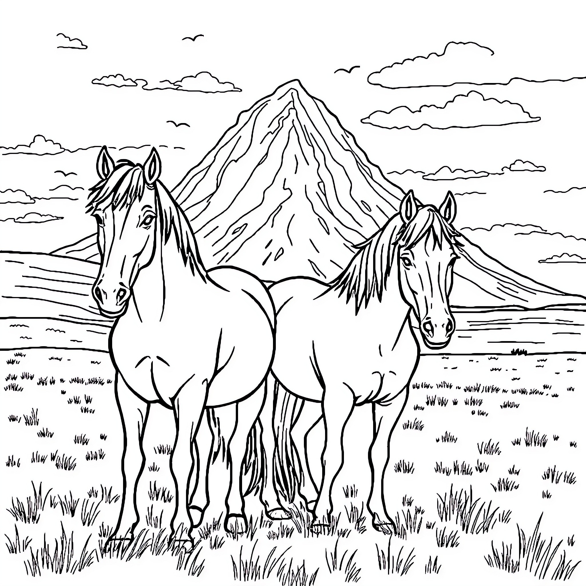 Horse pair exploring mountainous landscape Coloring Page (free black-and-white line drawing printable PDF for all, from beginners to advanced learners, including children, teens, adults, and seniors)