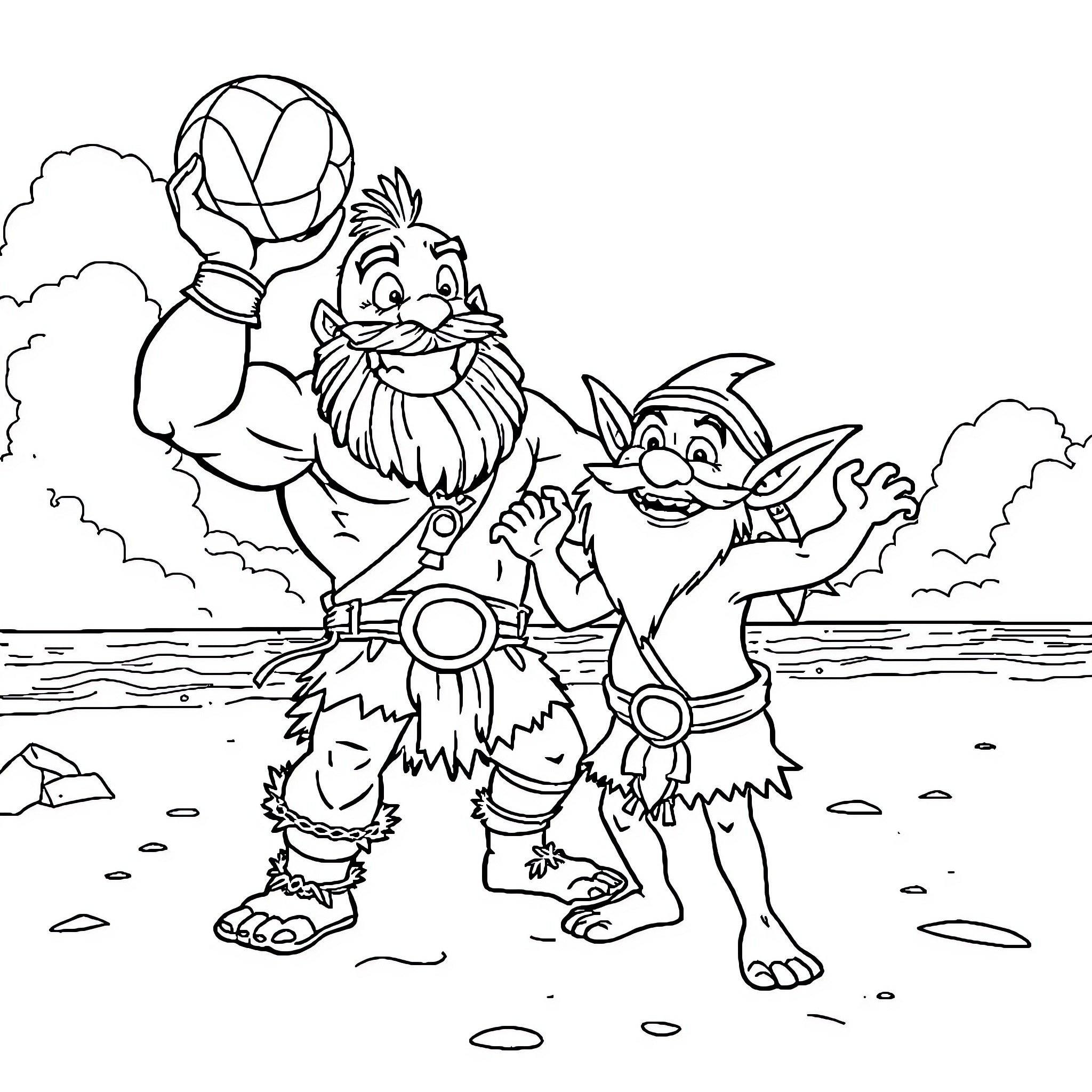 Barbarian Warriors Posing Triumphantly on a Beach Coloring Page (free black-and-white line drawing printable PDF for all, from beginners to advanced learners, including children, teens, adults, and seniors)