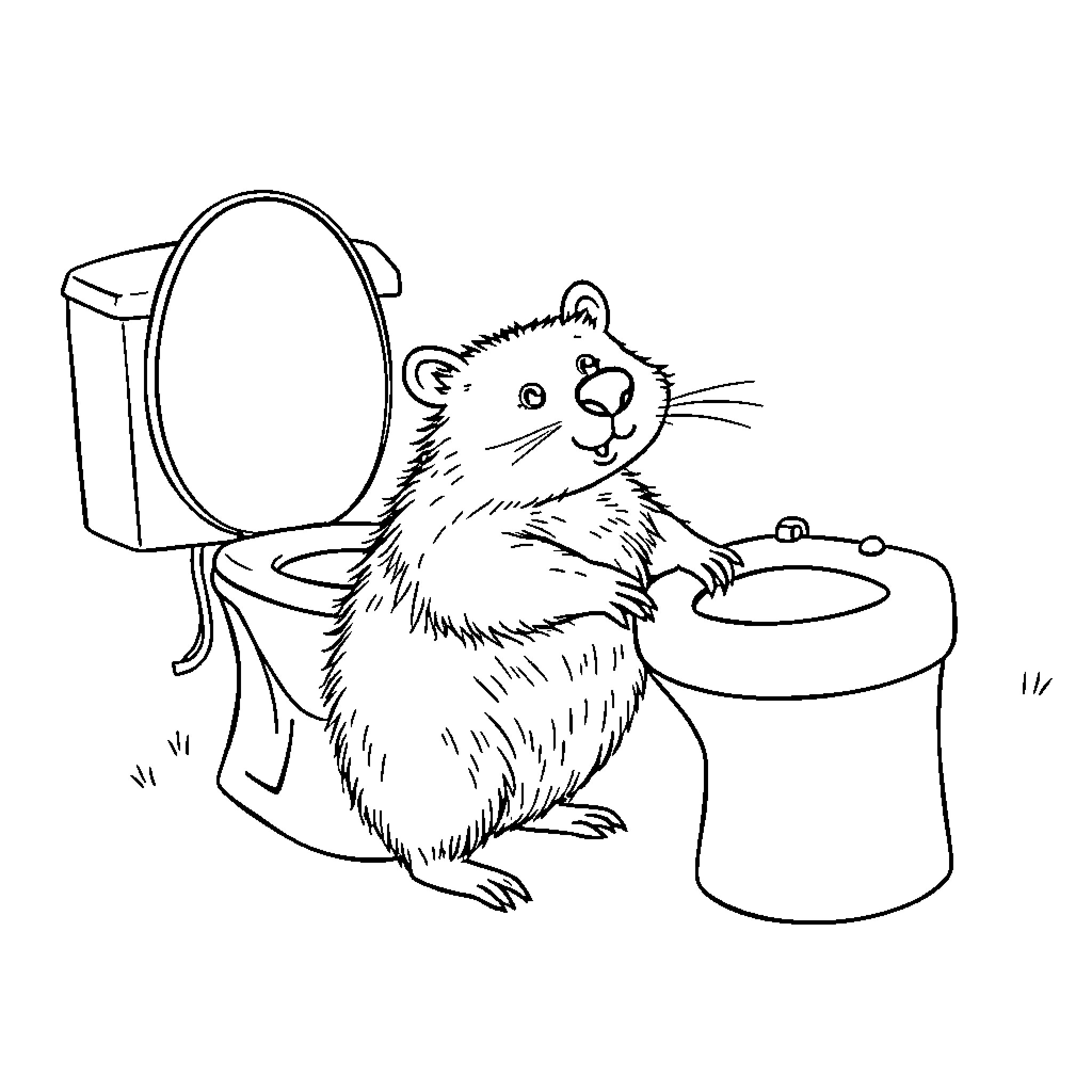 Wombat inspecting household items curiously Coloring Page (free black-and-white line drawing printable PDF for all, from beginners to advanced learners, including children, teens, adults, and seniors)