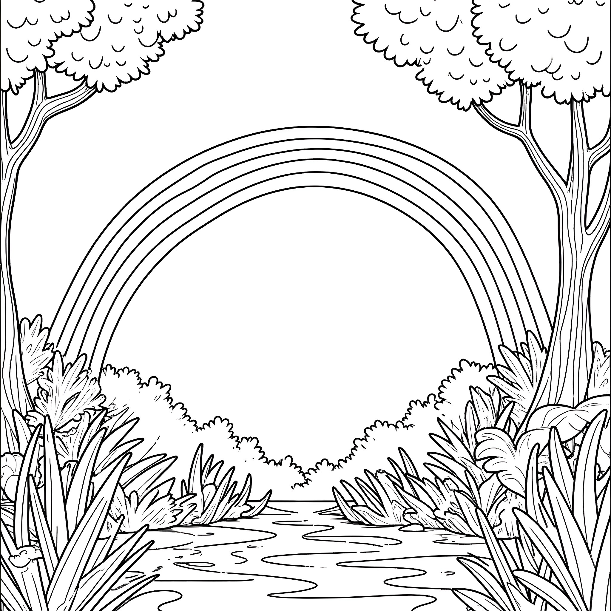 Rainbow Forest Scenery with Serene Pond Coloring Page (free black-and-white line drawing printable PDF for all, from beginners to advanced learners, including children, teens, adults, and seniors)