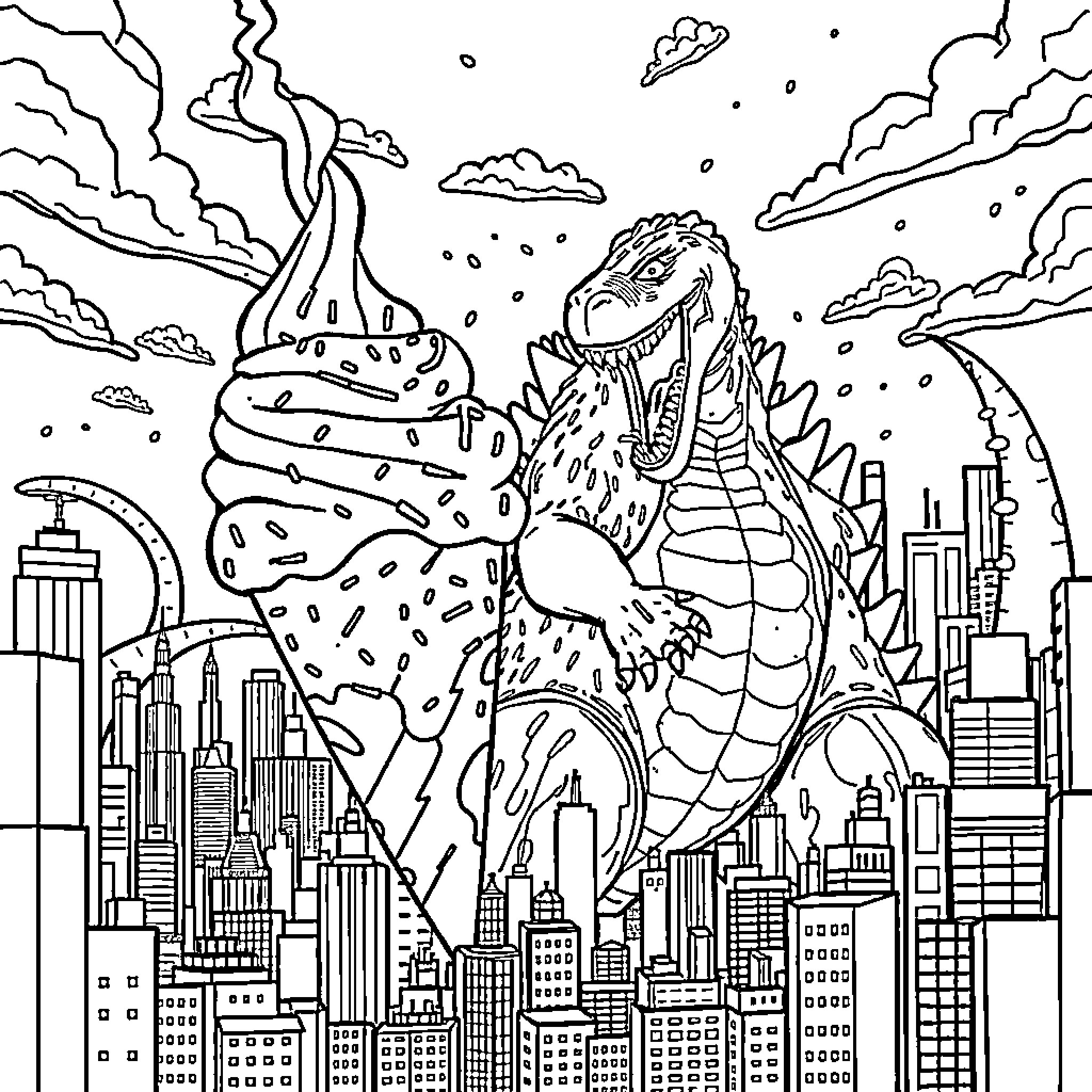 Ice Cream Monster Stomping Through the City Coloring Page (free black-and-white line drawing printable PDF for all, from beginners to advanced learners, including children, teens, adults, and seniors)