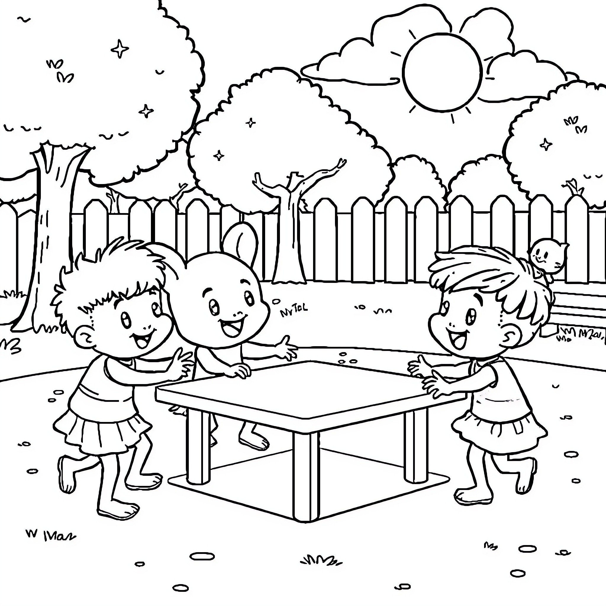 Labubu playing outdoor games with friends Coloring Page (free black-and-white line drawing printable PDF for all, from beginners to advanced learners, including children, teens, adults, and seniors)