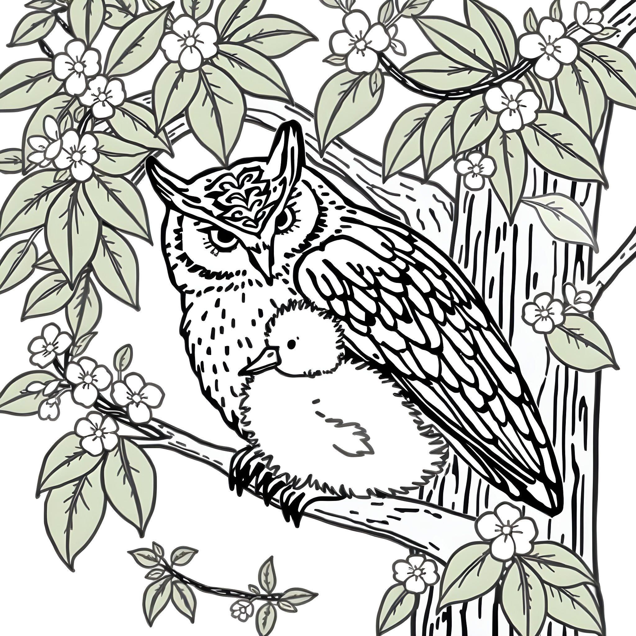 Owl perched amidst vibrant floral foliage Coloring Page (free black-and-white line drawing printable PDF for all, from beginners to advanced learners, including children, teens, adults, and seniors)