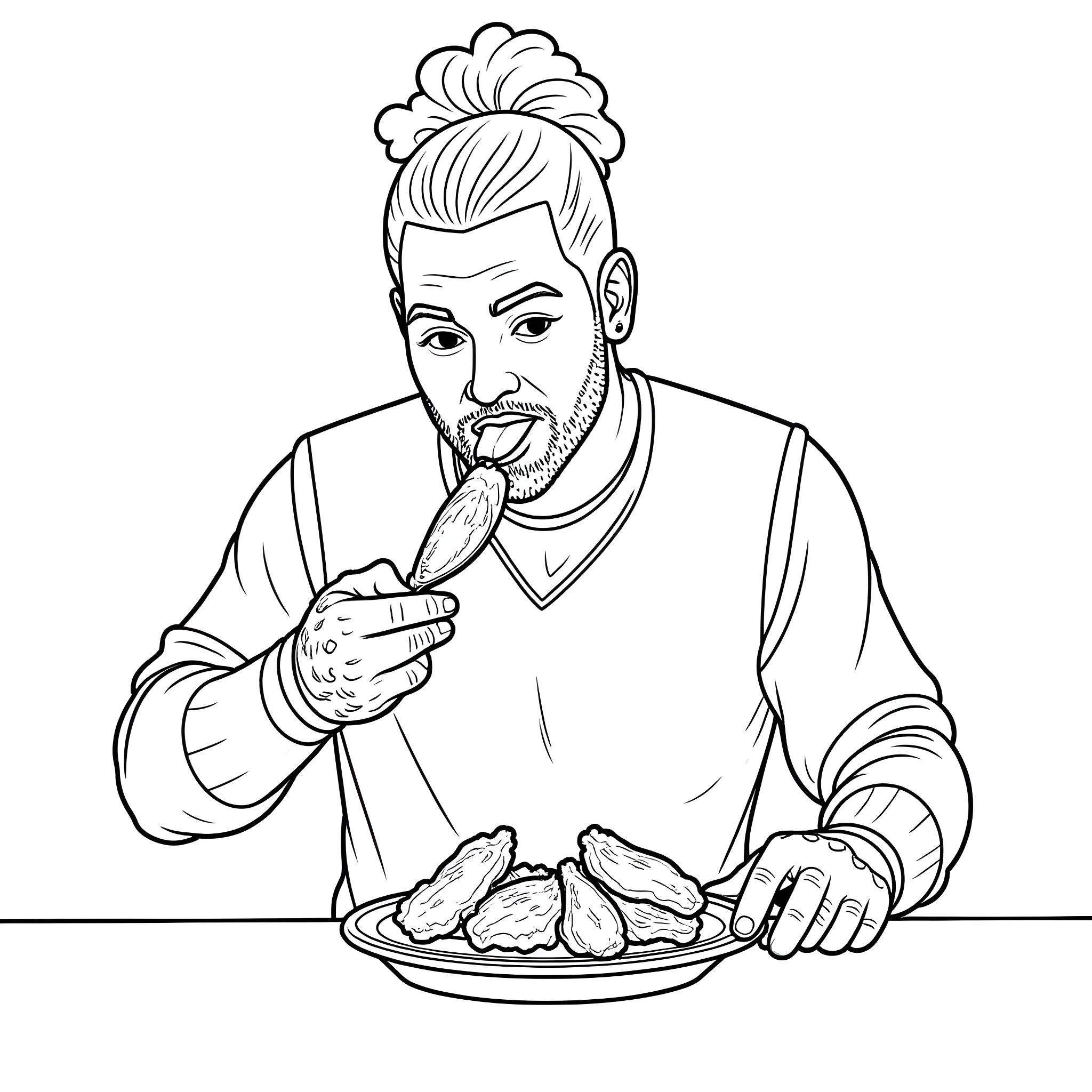 Post Malone enjoying a meal Coloring Page (free black-and-white line drawing printable PDF for all, from beginners to advanced learners, including children, teens, adults, and seniors)