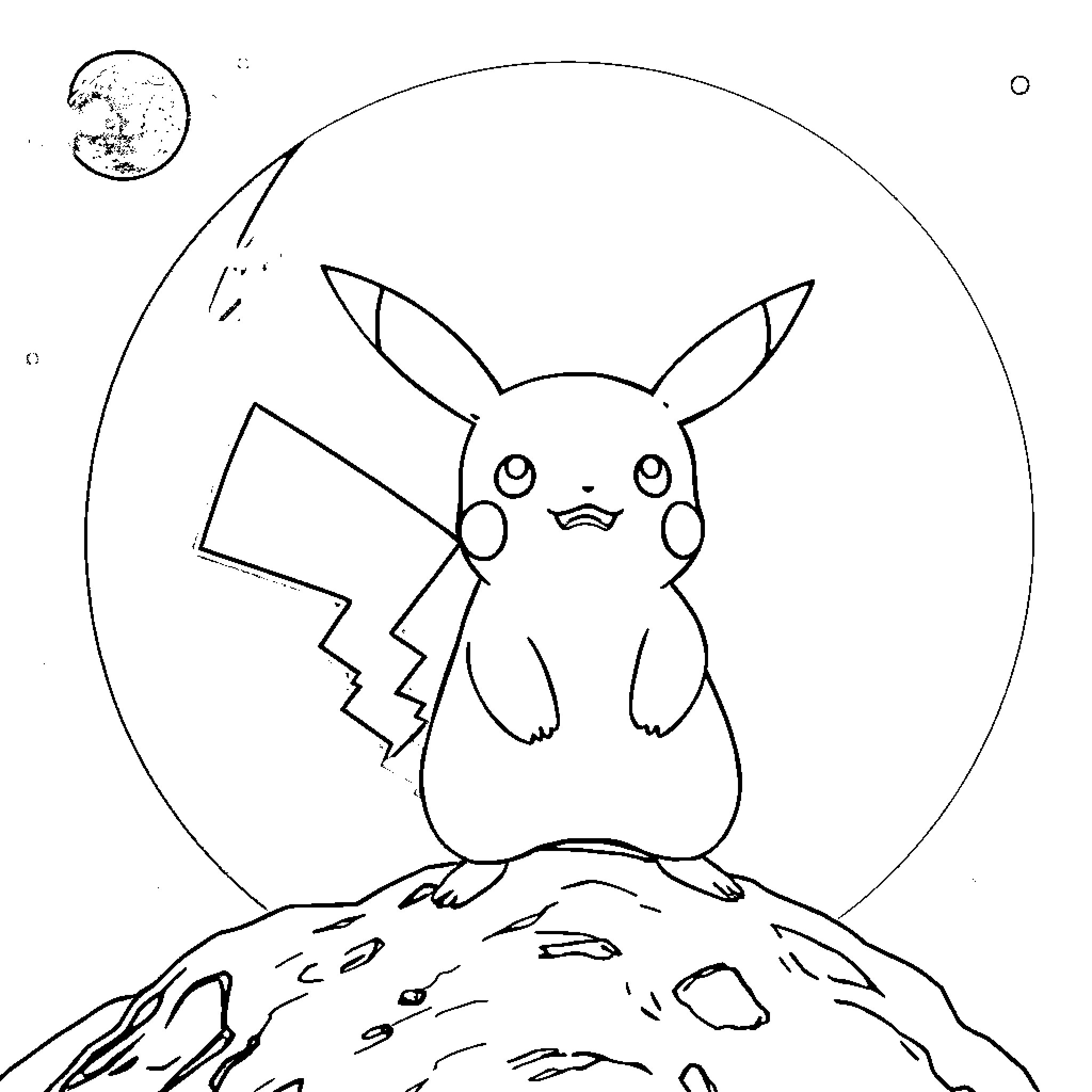 Pikachu on a planetary landscape Coloring Page (free black-and-white line drawing printable PDF for all, from beginners to advanced learners, including children, teens, adults, and seniors)