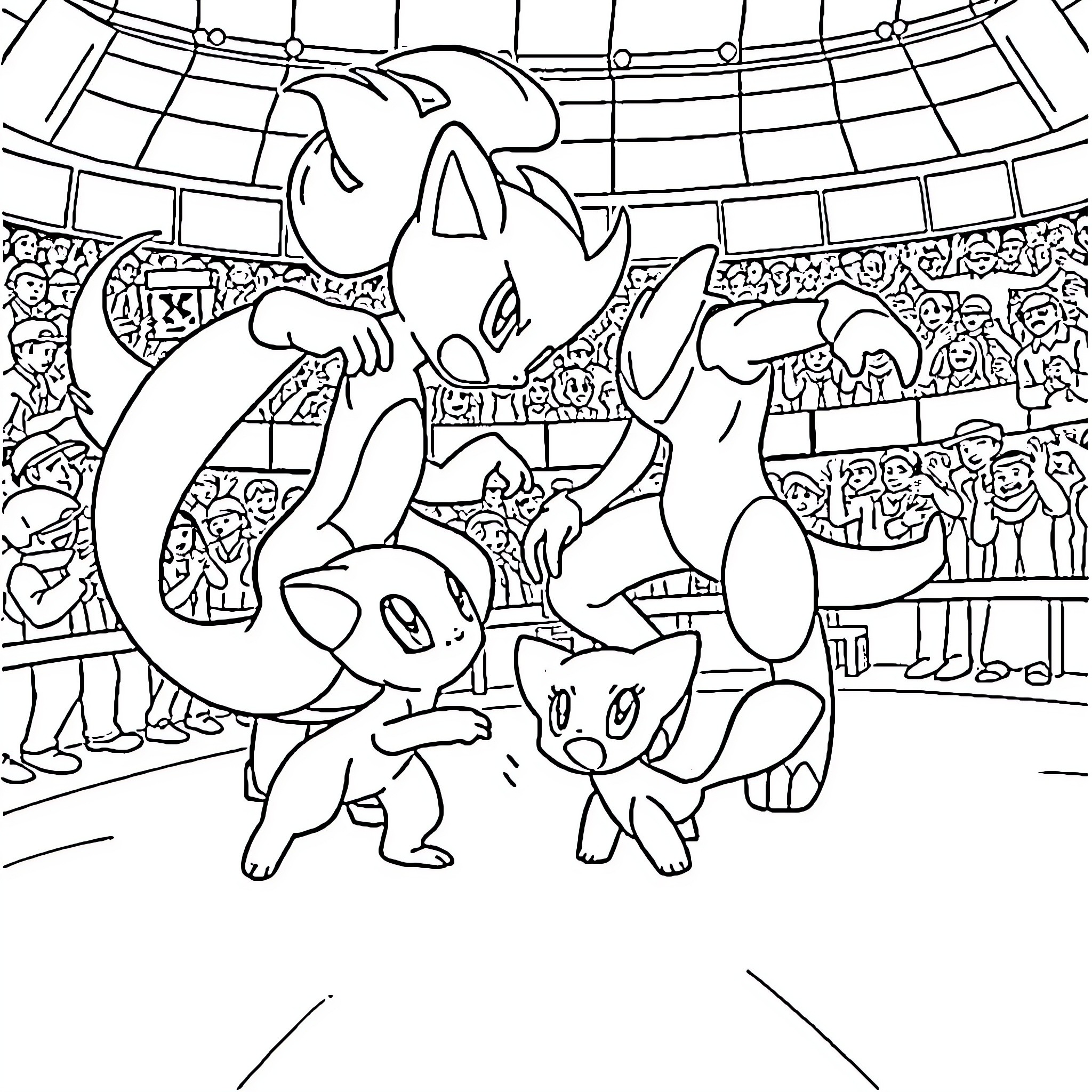 Mew Characters Performing in Stadium Coloring Page (free black-and-white line drawing printable PDF for all, from beginners to advanced learners, including children, teens, adults, and seniors)