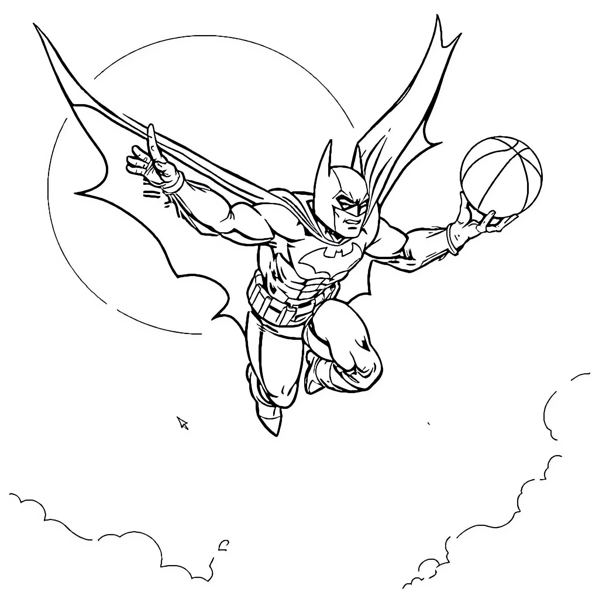 Batman soaring through the sky in action pose Coloring Page (free black-and-white line drawing printable PDF for all, from beginners to advanced learners, including children, teens, adults, and seniors)