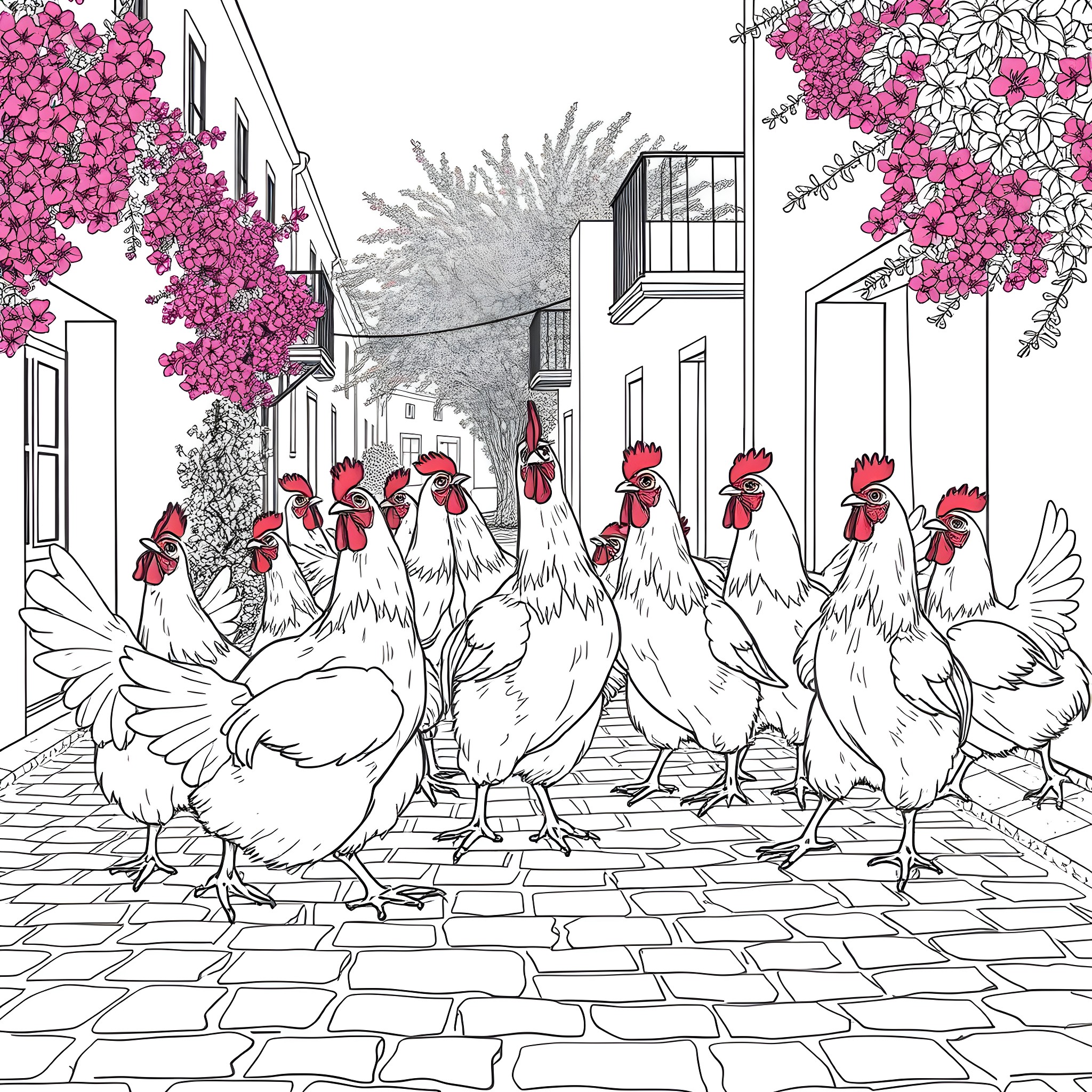 Chicken Flock Strolling Through Vibrant Floral Street Coloring Page (free black-and-white line drawing printable PDF for all, from beginners to advanced learners, including children, teens, adults, and seniors)