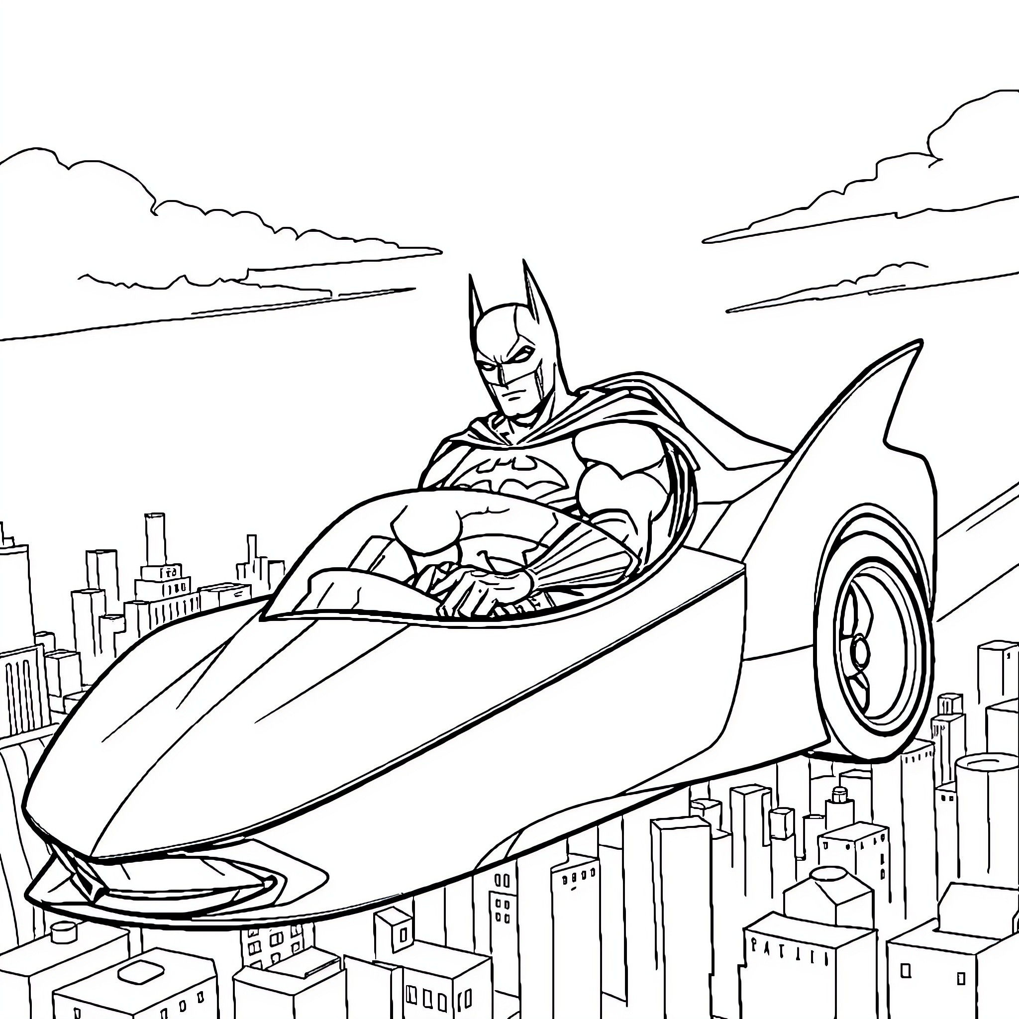 Batman riding futuristic vehicle over city skyline Coloring Page (free black-and-white line drawing printable PDF for all, from beginners to advanced learners, including children, teens, adults, and seniors)