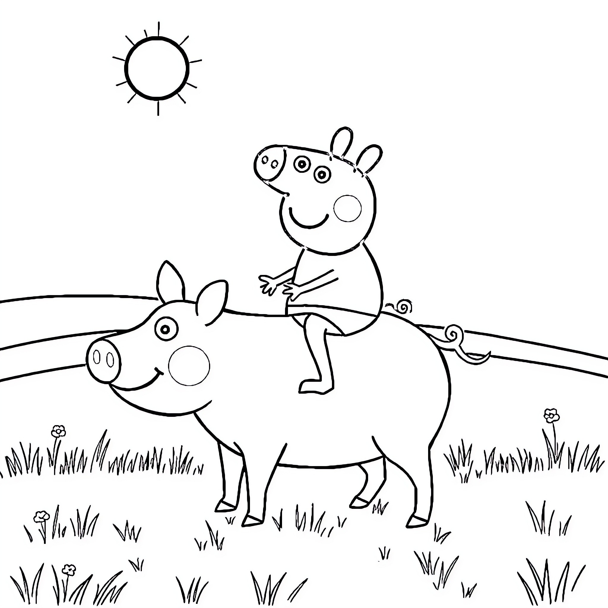 Peppa Pig riding on a donkey in the countryside Coloring Page (free black-and-white line drawing printable PDF for all, from beginners to advanced learners, including children, teens, adults, and seniors)