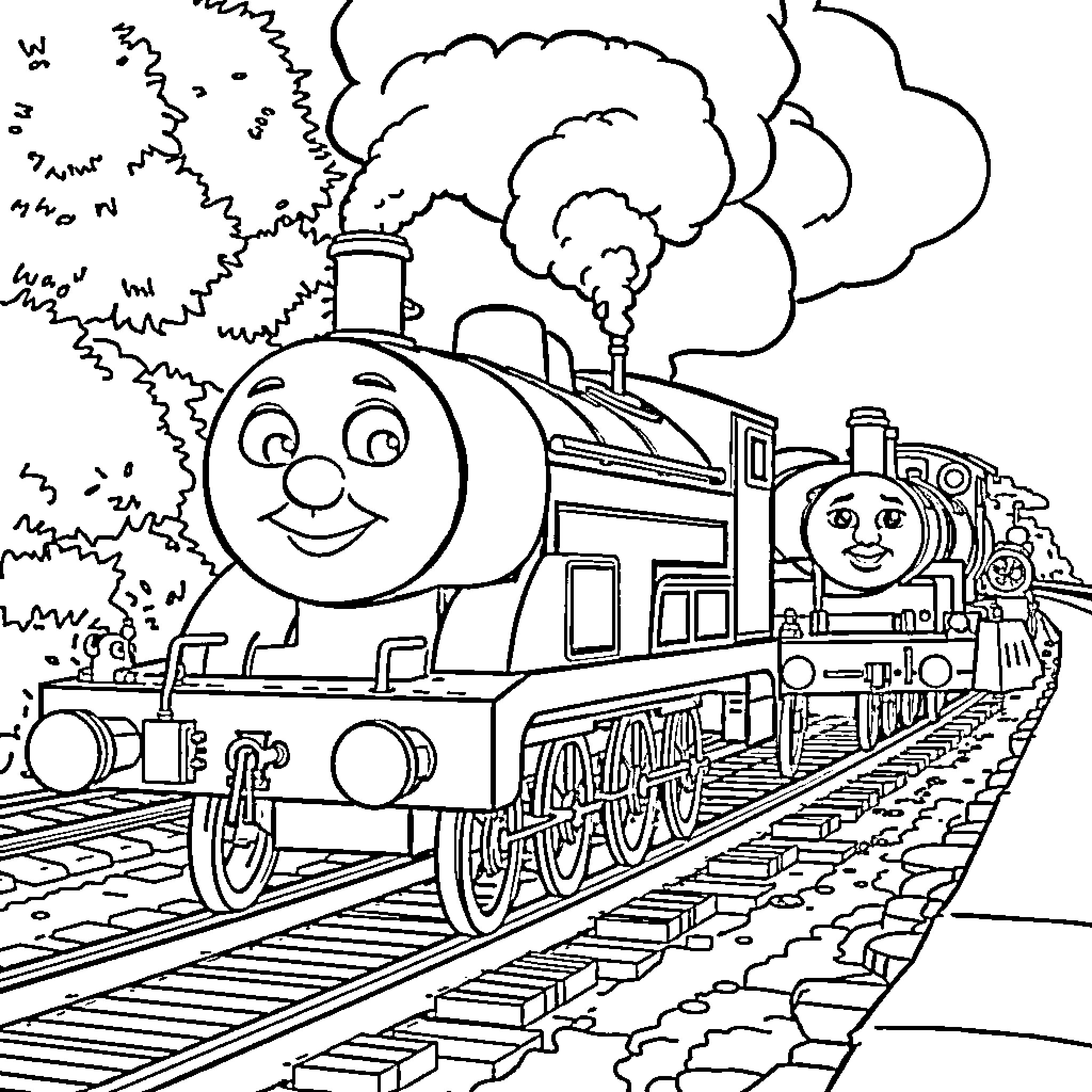 Thomas' Jolly Train Ride through Scenic Countryside Coloring Page (free black-and-white line drawing printable PDF for all, from beginners to advanced learners, including children, teens, adults, and seniors)