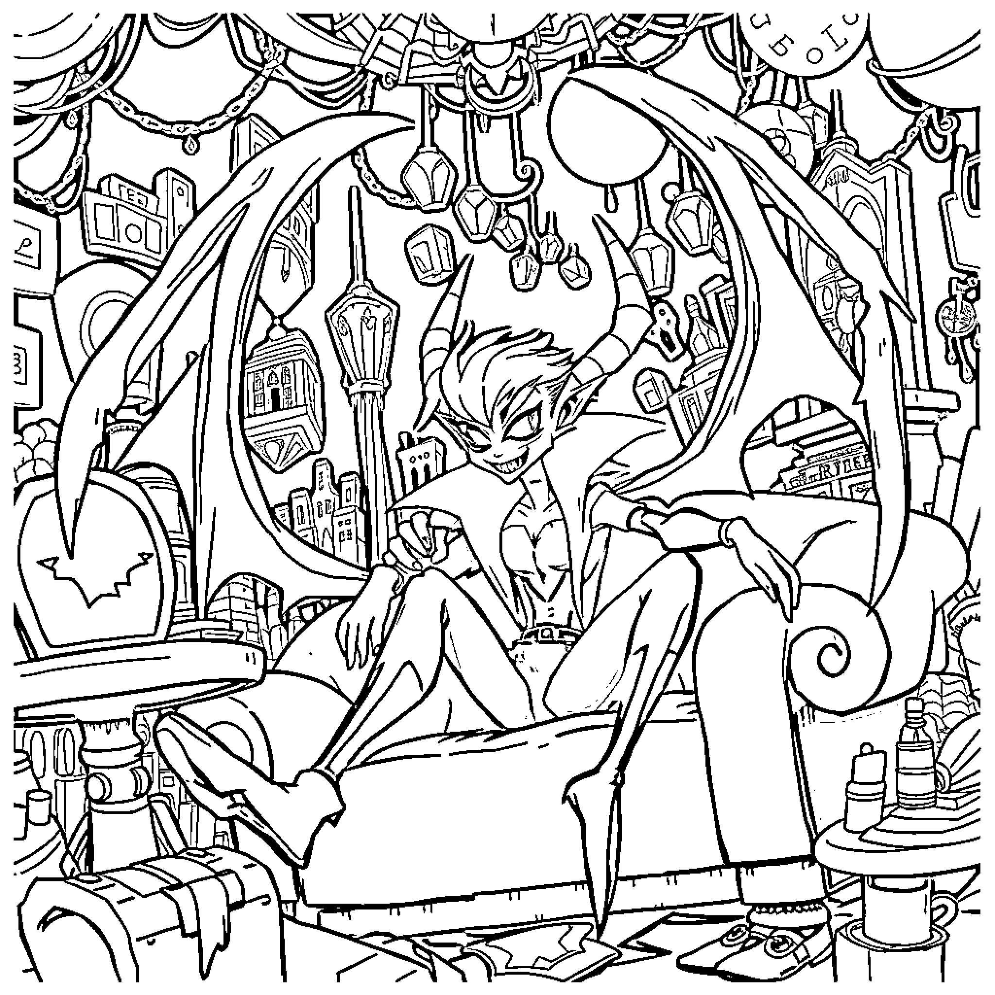 Angel of Chaos in a Whimsical Dreamscape Coloring Page (free black-and-white line drawing printable PDF for all, from beginners to advanced learners, including children, teens, adults, and seniors)