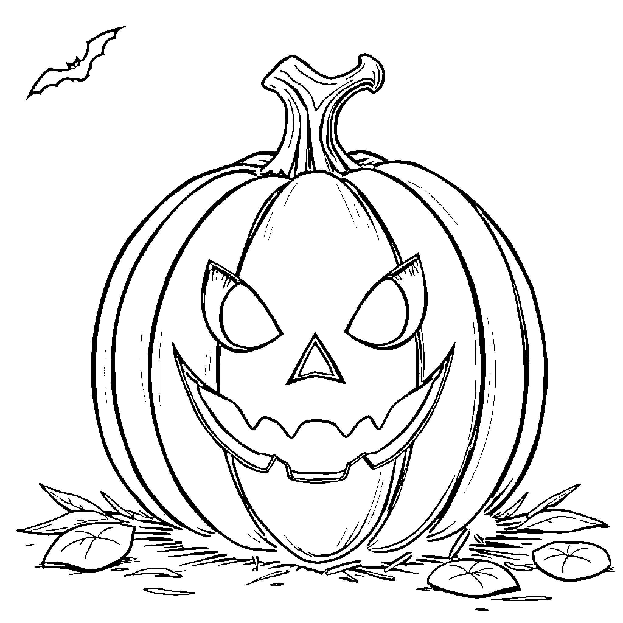 Pumpkin with a spooky jack-o-lantern face Coloring Page (free black-and-white line drawing printable PDF for all, from beginners to advanced learners, including children, teens, adults, and seniors)