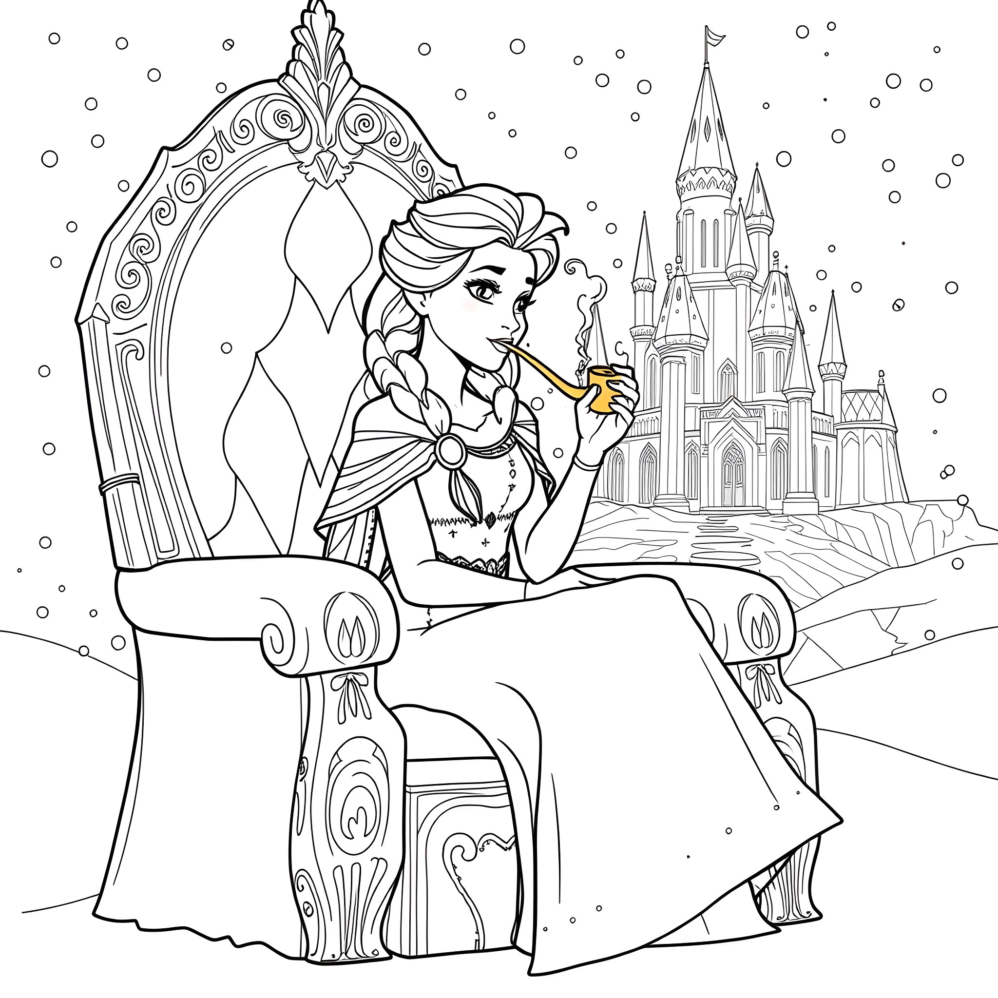 Elsa Contemplating in the Magical Castle Coloring Page (free black-and-white line drawing printable PDF for all, from beginners to advanced learners, including children, teens, adults, and seniors)
