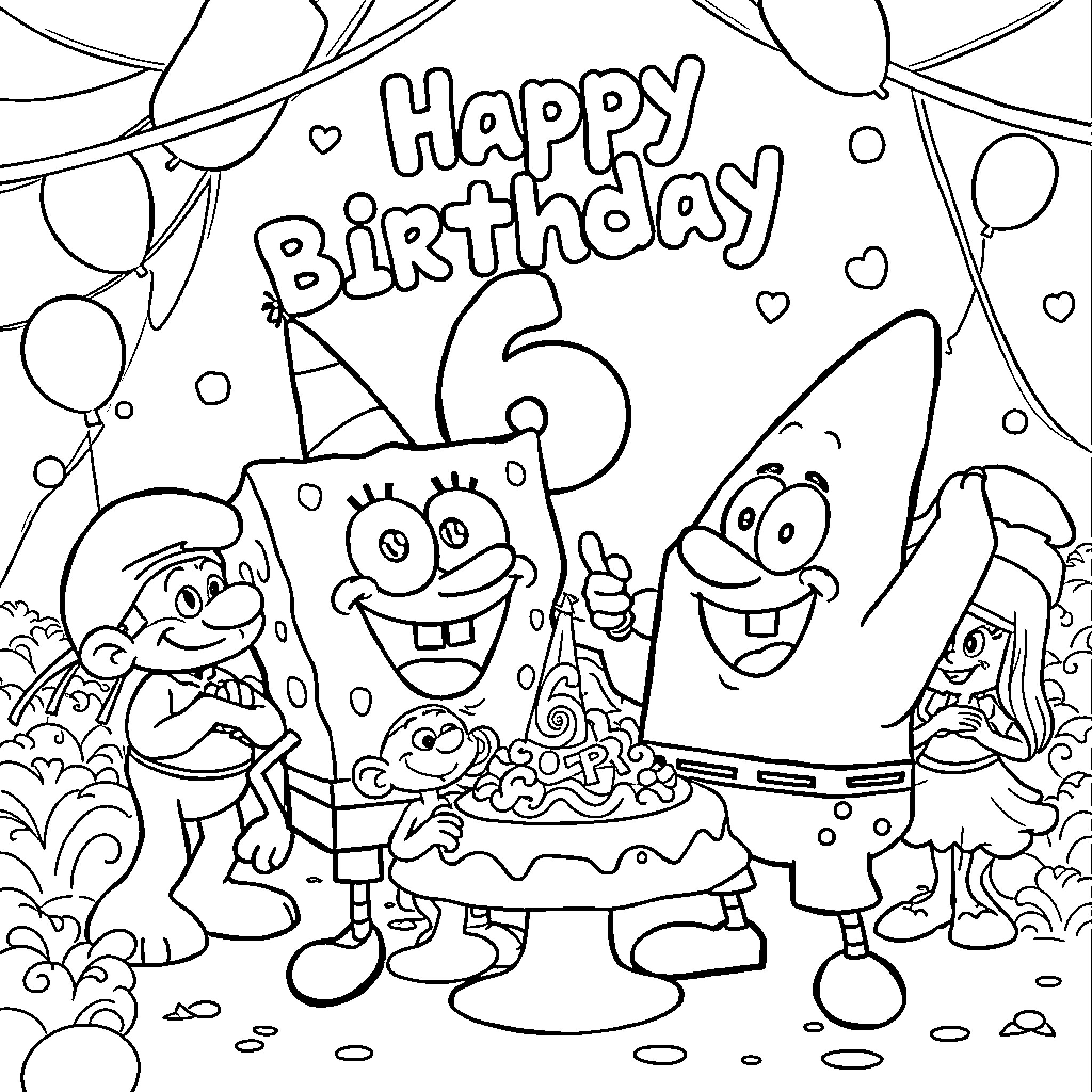 Spongebob characters celebrate a happy birthday Coloring Page (free black-and-white line drawing printable PDF for all, from beginners to advanced learners, including children, teens, adults, and seniors)