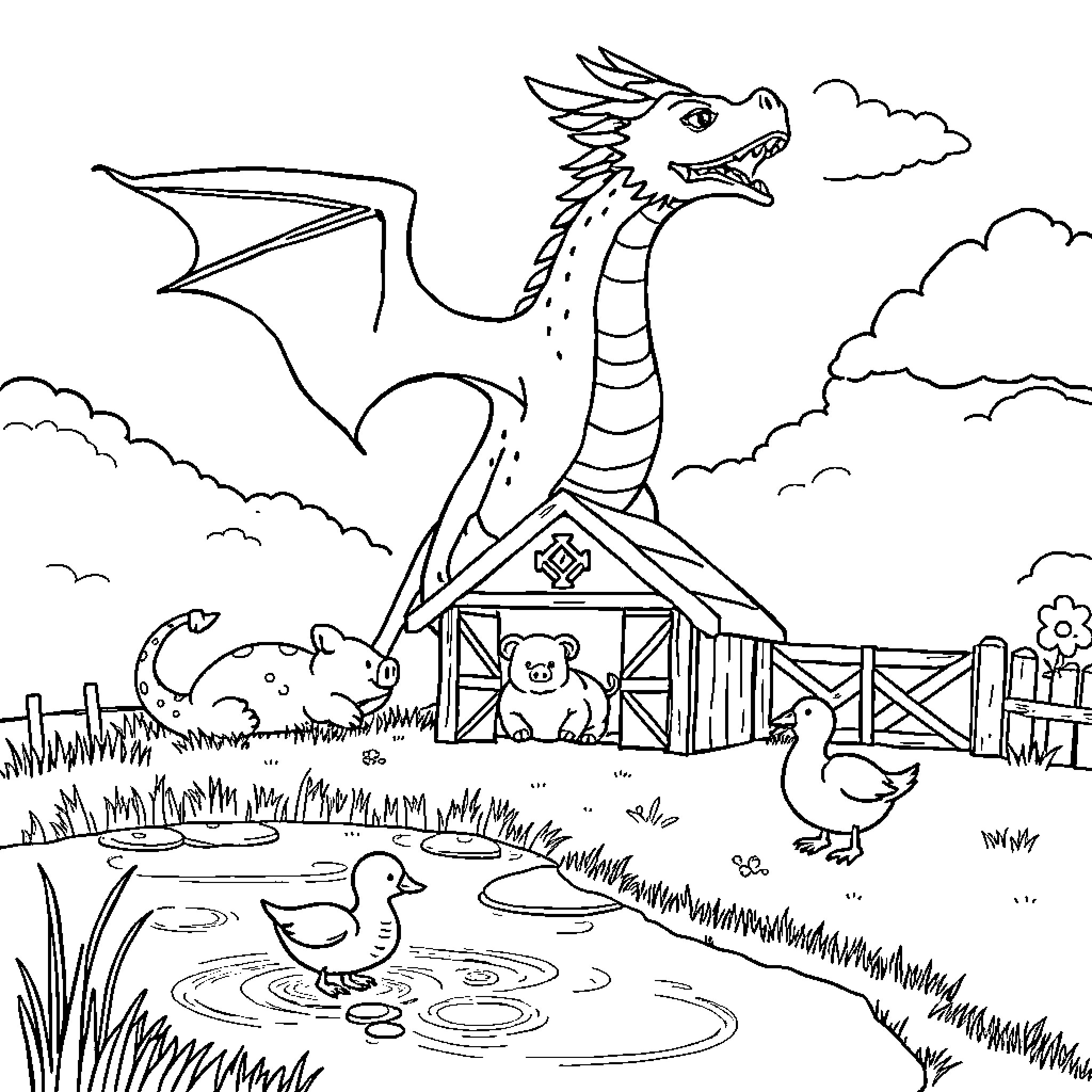 Dragon soaring over a rural farm scene Coloring Page (free black-and-white line drawing printable PDF for all, from beginners to advanced learners, including children, teens, adults, and seniors)