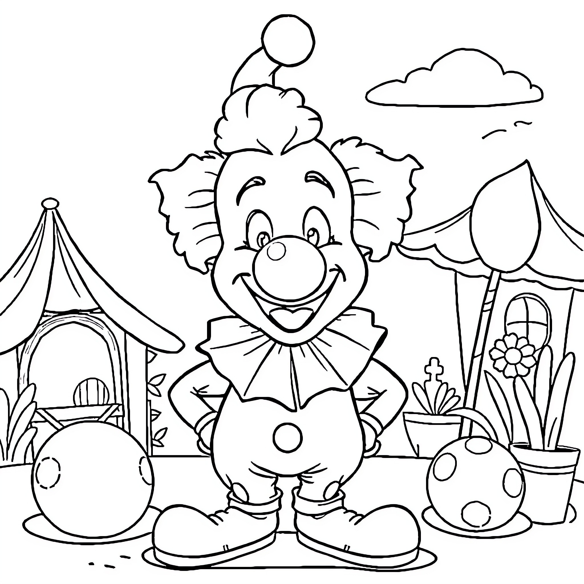 Bumba the Clown at the Carnival Coloring Page (free black-and-white line drawing printable PDF for all, from beginners to advanced learners, including children, teens, adults, and seniors)