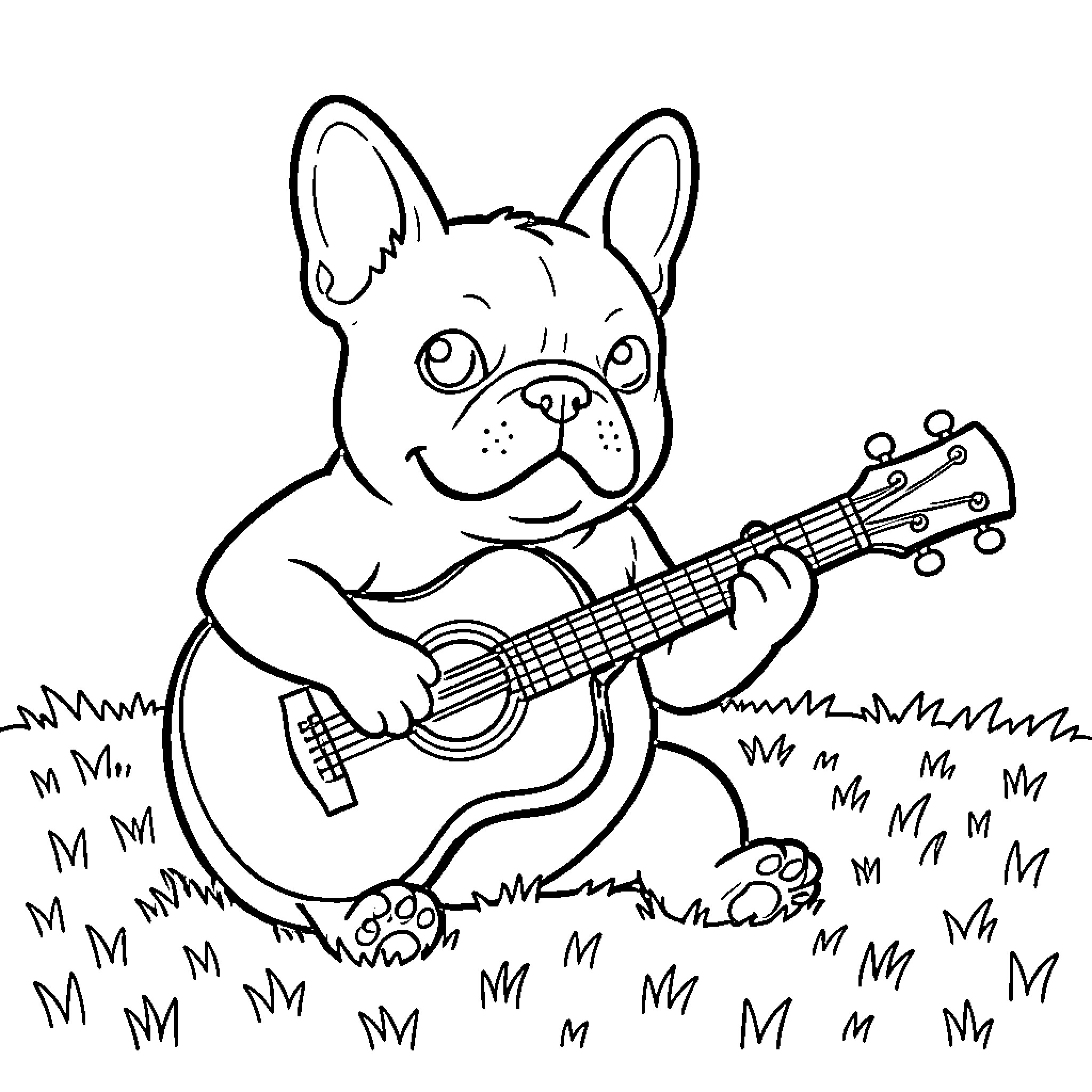 French Bulldog playing guitar in the park Coloring Page (free black-and-white line drawing printable PDF for all, from beginners to advanced learners, including children, teens, adults, and seniors)