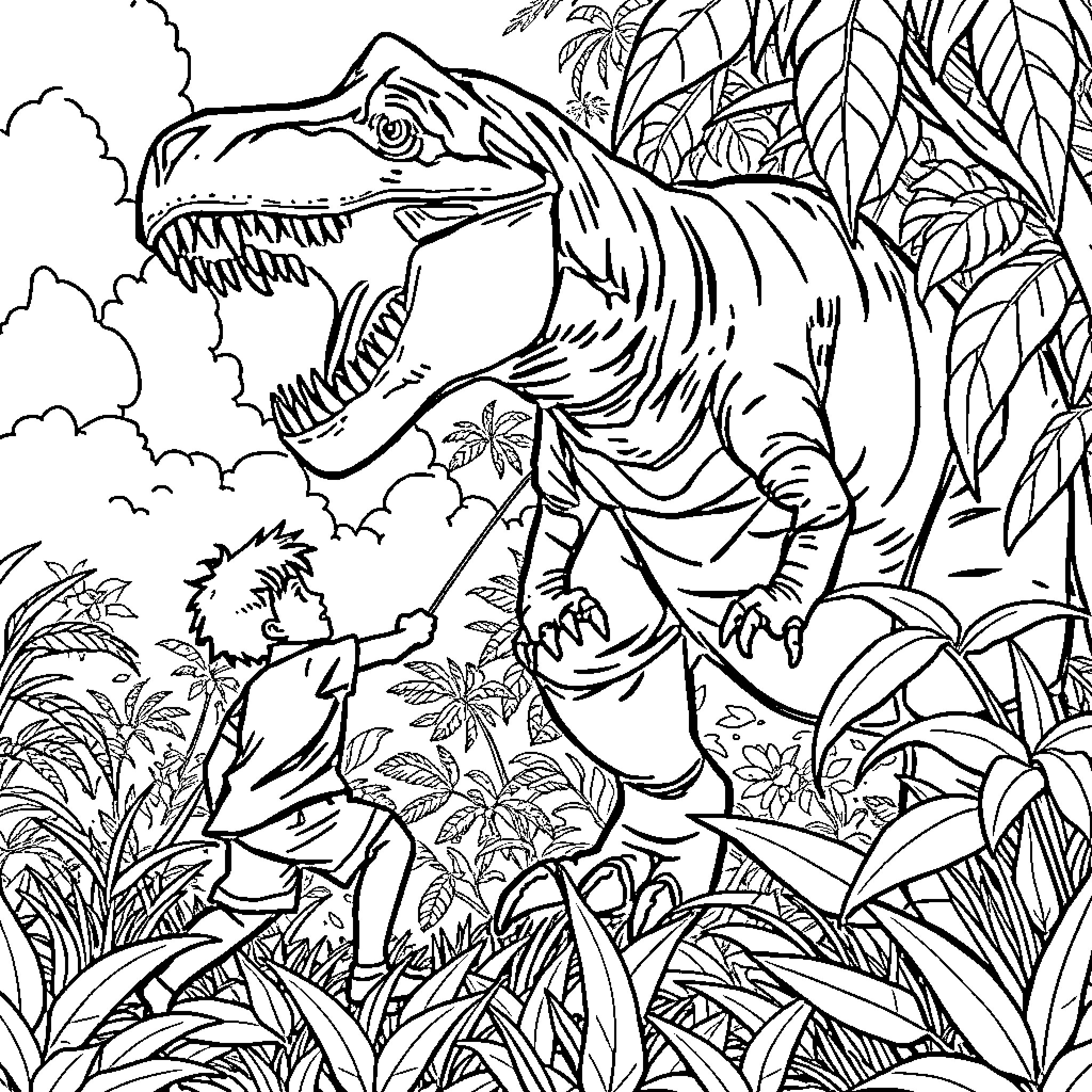 Boy exploring the dense jungle with a dinosaur Coloring Page (free black-and-white line drawing printable PDF for all, from beginners to advanced learners, including children, teens, adults, and seniors)