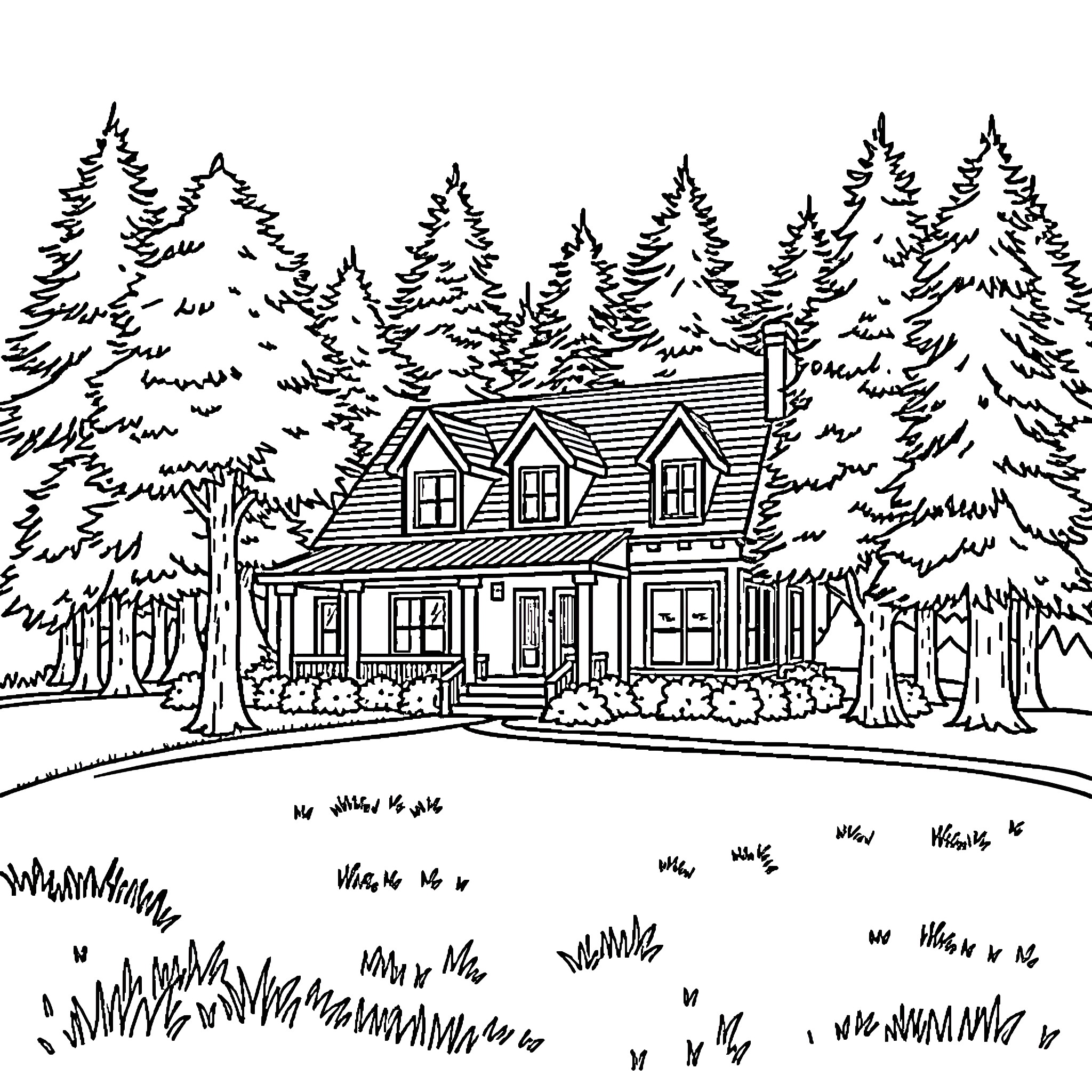 Home in the Wooded Countryside Coloring Page (free black-and-white line drawing printable PDF for all, from beginners to advanced learners, including children, teens, adults, and seniors)