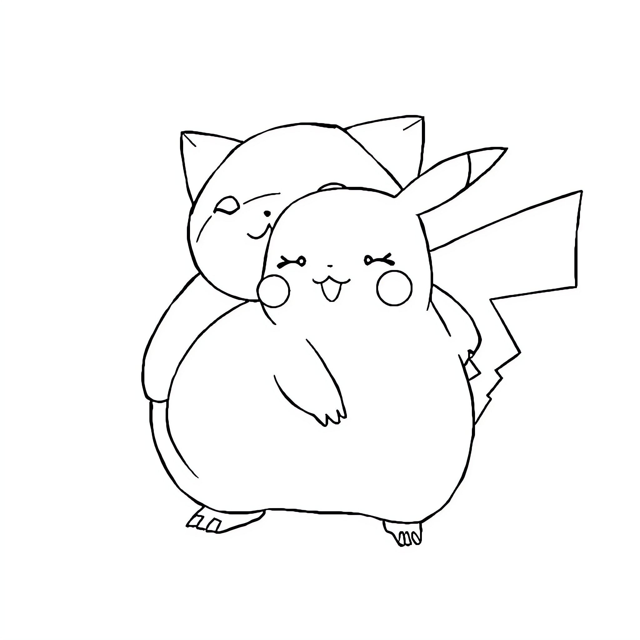 Pikachu sharing a cuddle Coloring Page (free black-and-white line drawing printable PDF for all, from beginners to advanced learners, including children, teens, adults, and seniors)