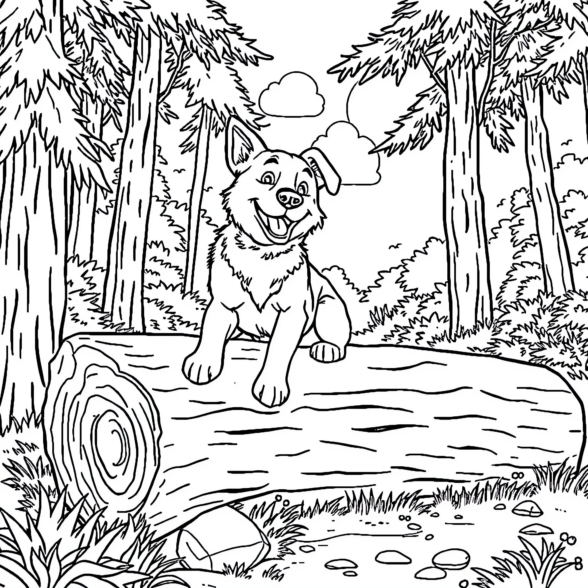 Dog enjoying nature in the forest Coloring Page (free black-and-white line drawing printable PDF for all, from beginners to advanced learners, including children, teens, adults, and seniors)
