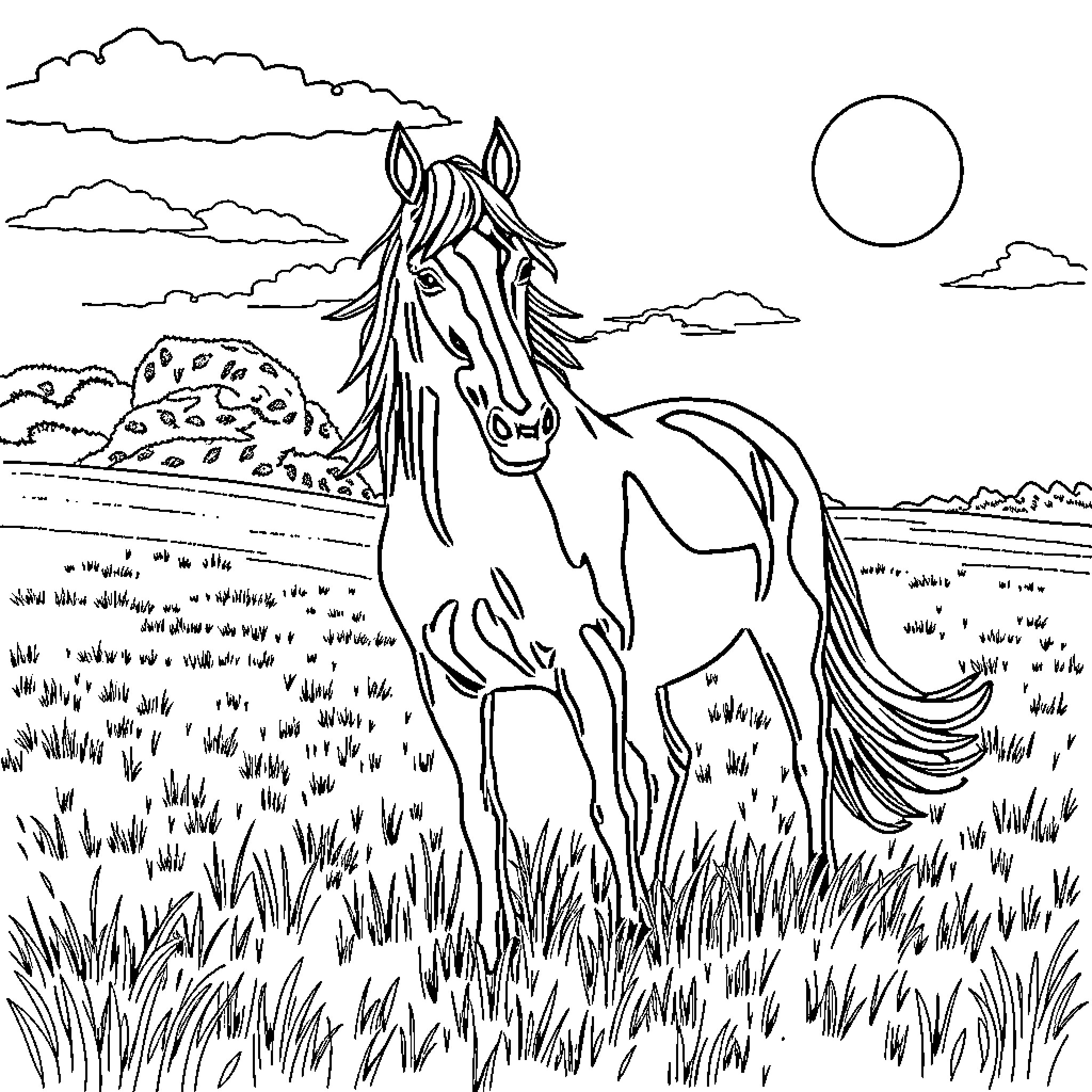 Horse standing peacefully in a grassy field Coloring Page (free black-and-white line drawing printable PDF for all, from beginners to advanced learners, including children, teens, adults, and seniors)