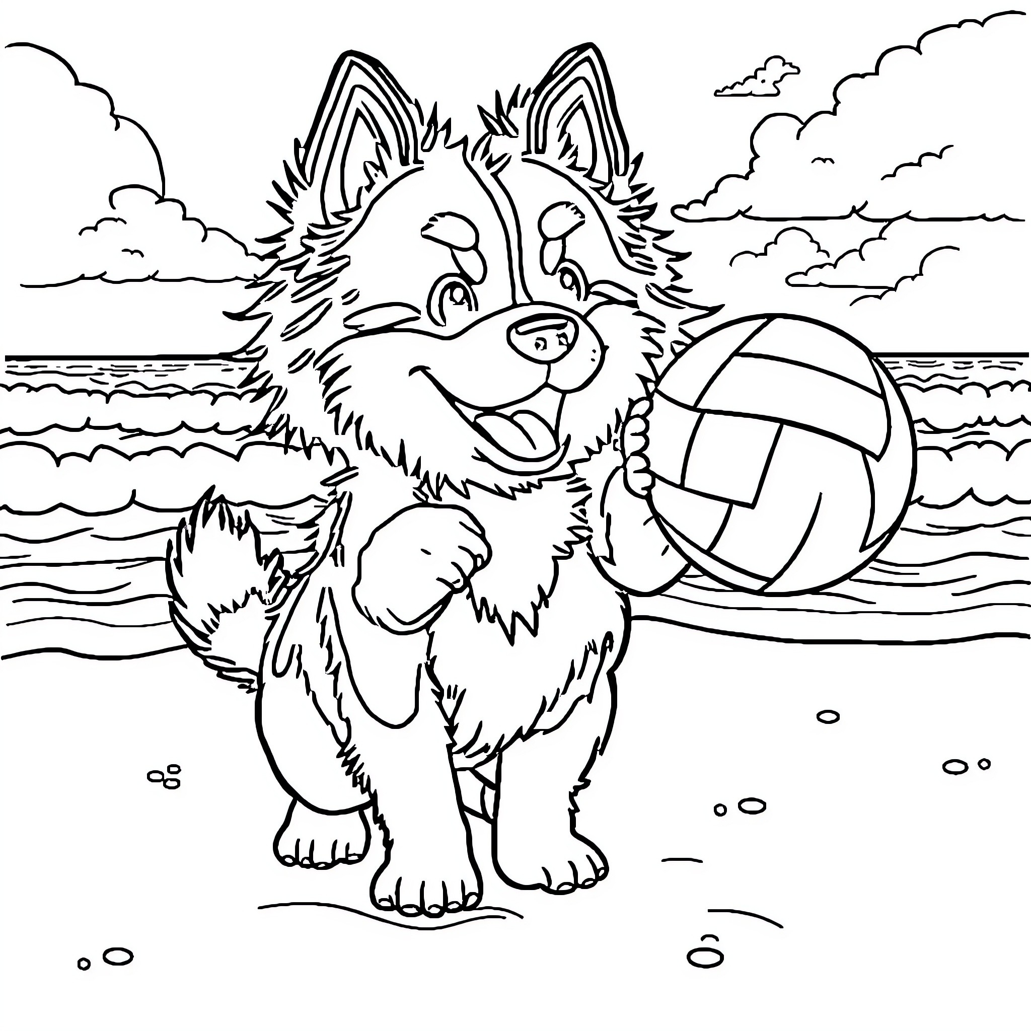 Dog playing with volleyball on the beach Coloring Page (free black-and-white line drawing printable PDF for all, from beginners to advanced learners, including children, teens, adults, and seniors)