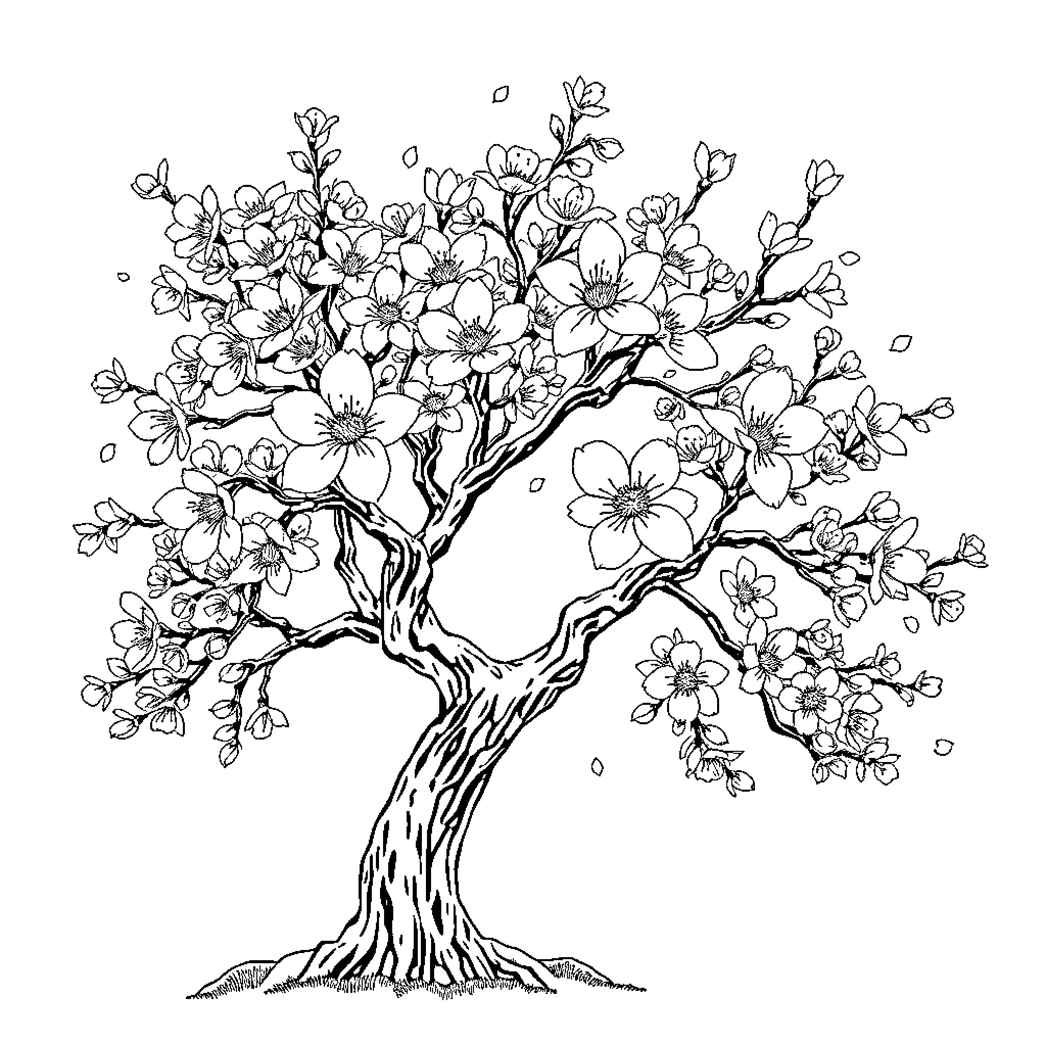 Sakura Tree Blossoming in Spring Coloring Page (free black-and-white line drawing printable PDF for all, from beginners to advanced learners, including children, teens, adults, and seniors)