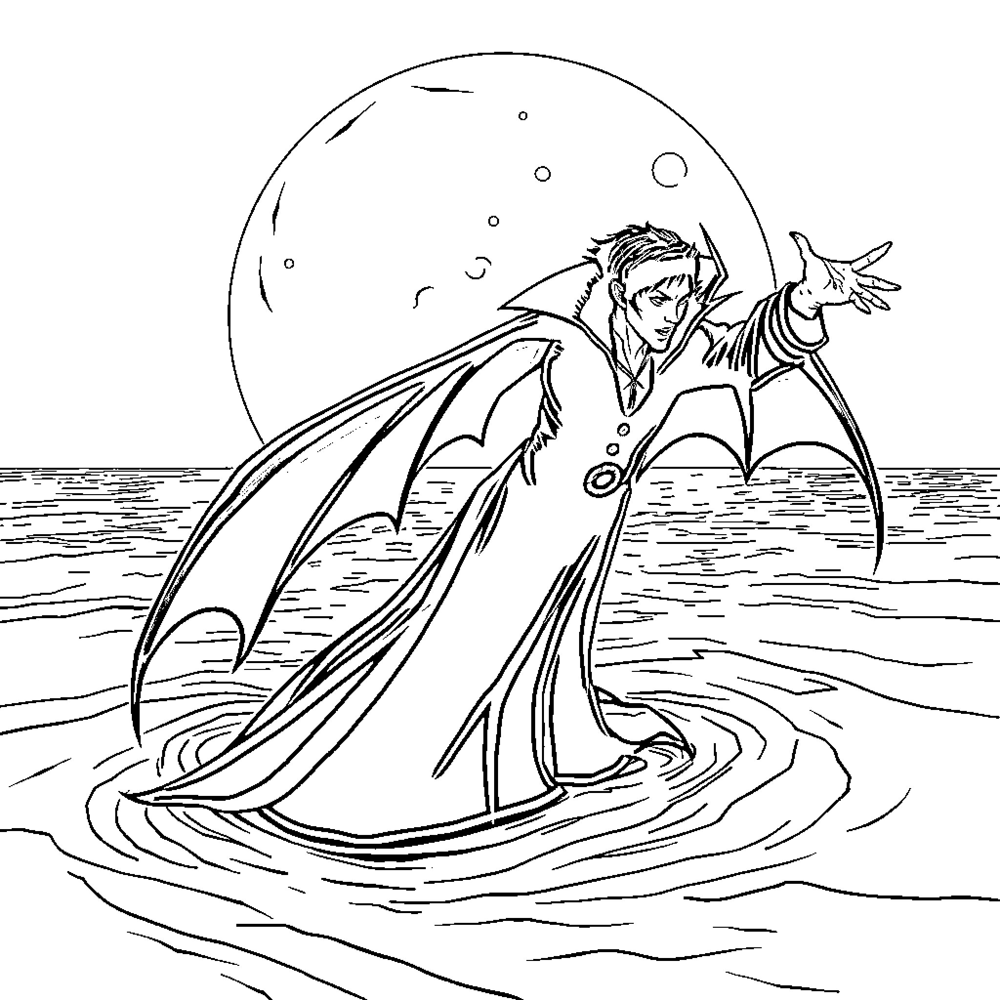 Vampire in a Mystical Underwater Scene Coloring Page (free black-and-white line drawing printable PDF for all, from beginners to advanced learners, including children, teens, adults, and seniors)