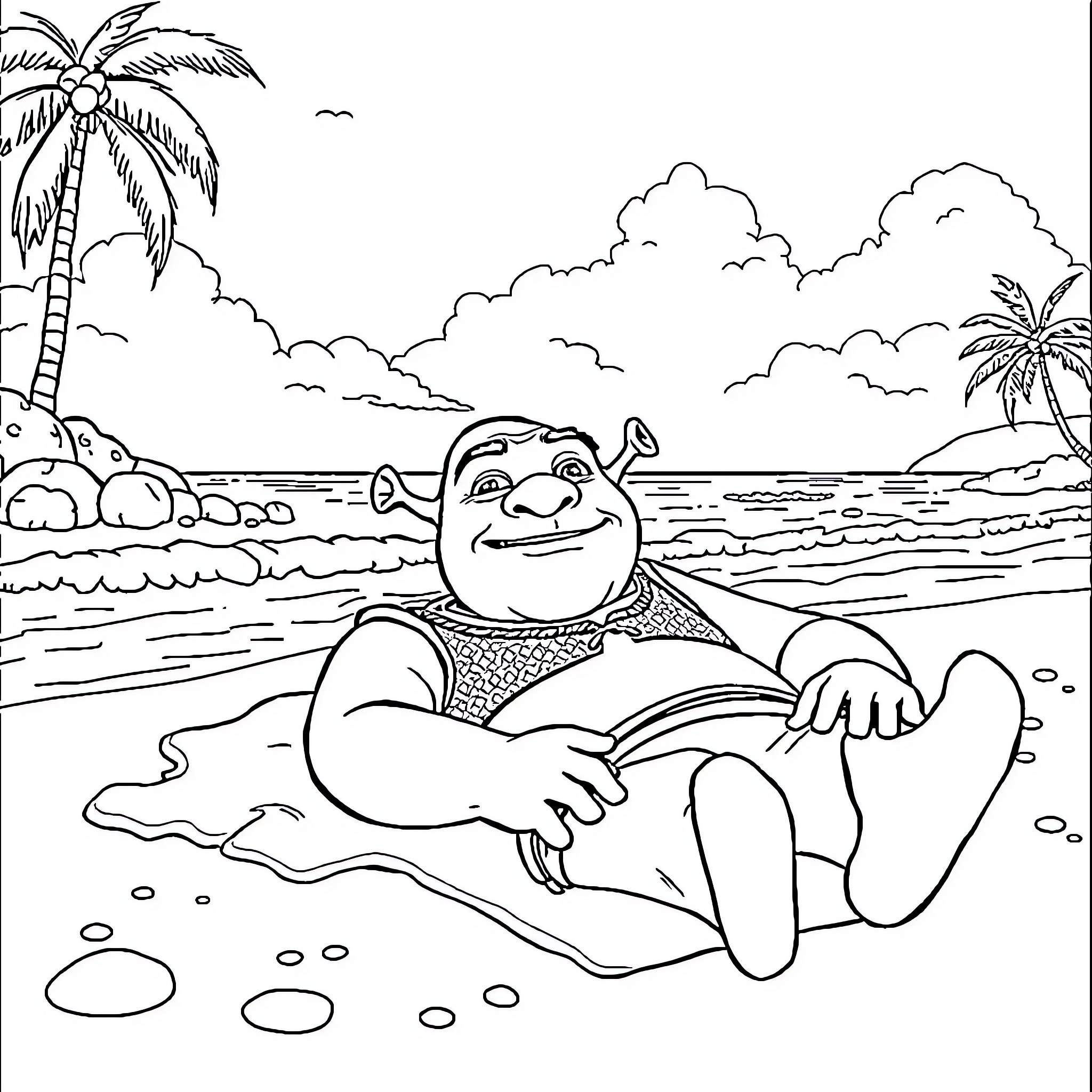 Shrek relaxing on the beach Coloring Page (free black-and-white line drawing printable PDF for all, from beginners to advanced learners, including children, teens, adults, and seniors)