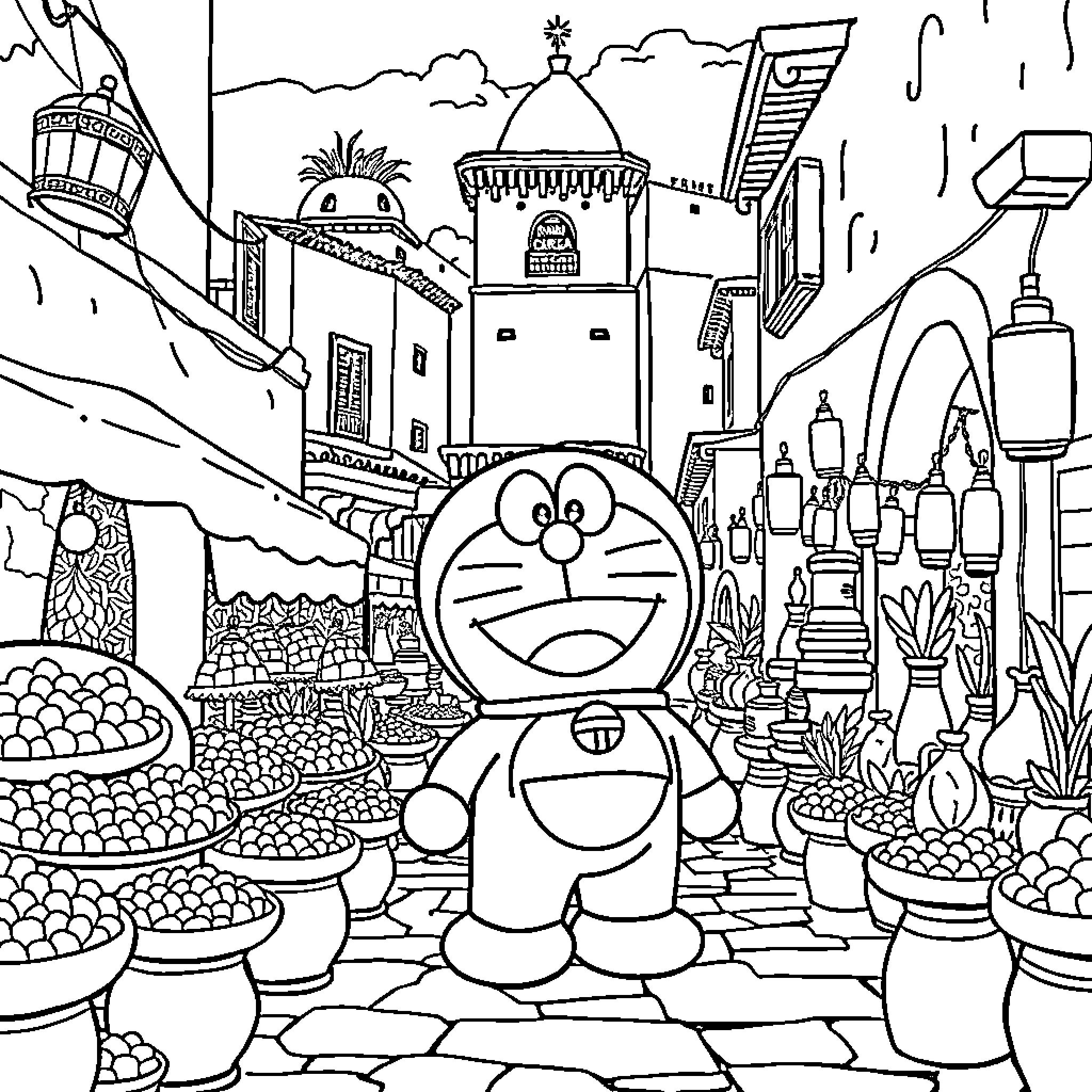 Doraemon exploring a vibrant and imaginative town Coloring Page (free black-and-white line drawing printable PDF for all, from beginners to advanced learners, including children, teens, adults, and seniors)
