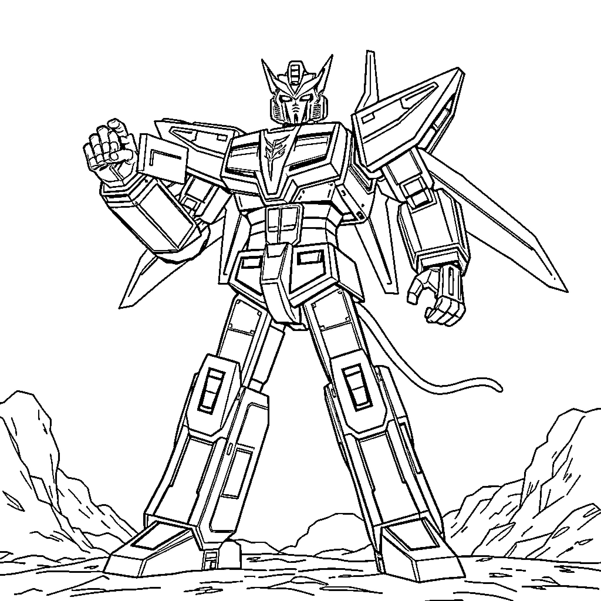 Voltron mech warrior in heroic pose Coloring Page (free black-and-white line drawing printable PDF for all, from beginners to advanced learners, including children, teens, adults, and seniors)