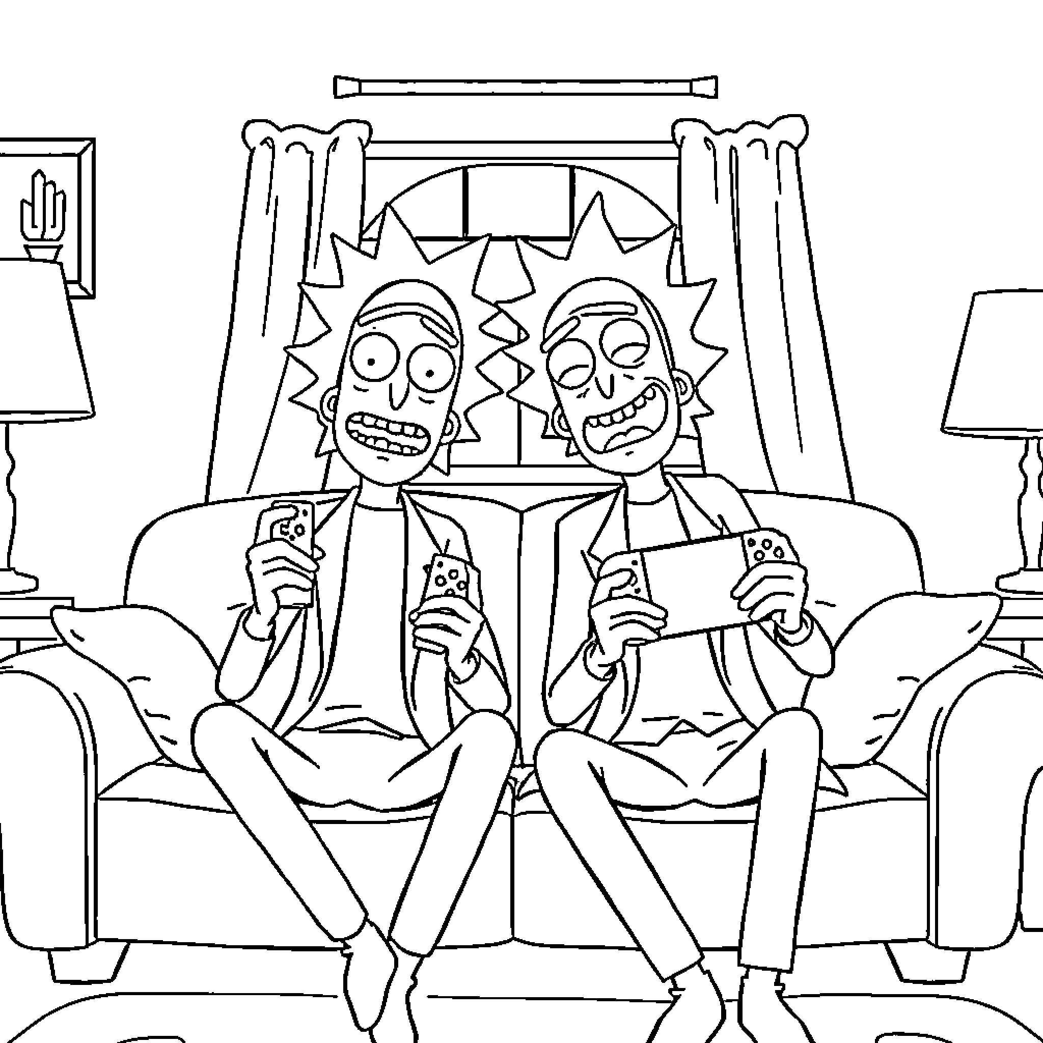 Rick and Morty lounging together on the couch Coloring Page (free black-and-white line drawing printable PDF for all, from beginners to advanced learners, including children, teens, adults, and seniors)
