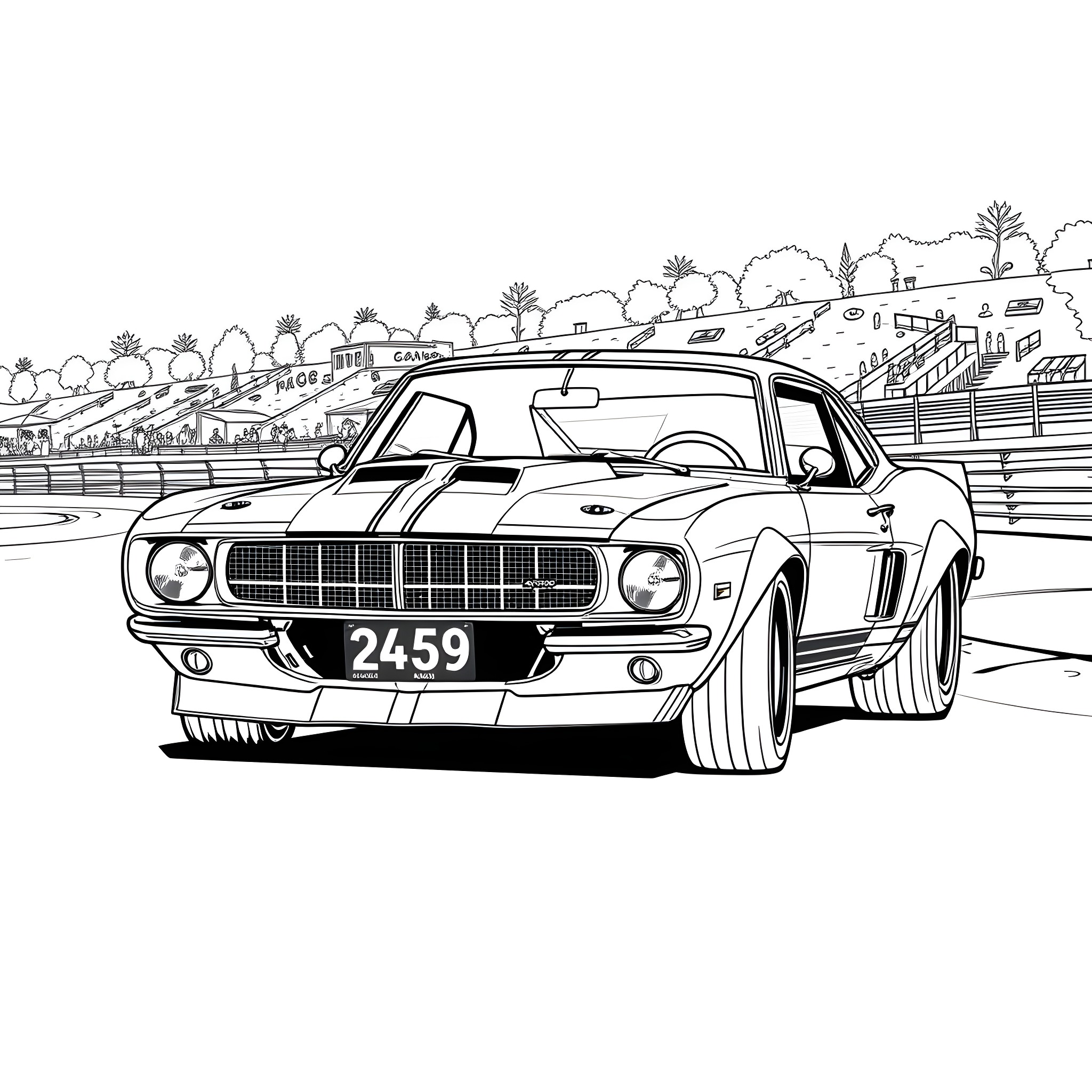 Yenko classic muscle car on the race track Coloring Page (free black-and-white line drawing printable PDF for all, from beginners to advanced learners, including children, teens, adults, and seniors)