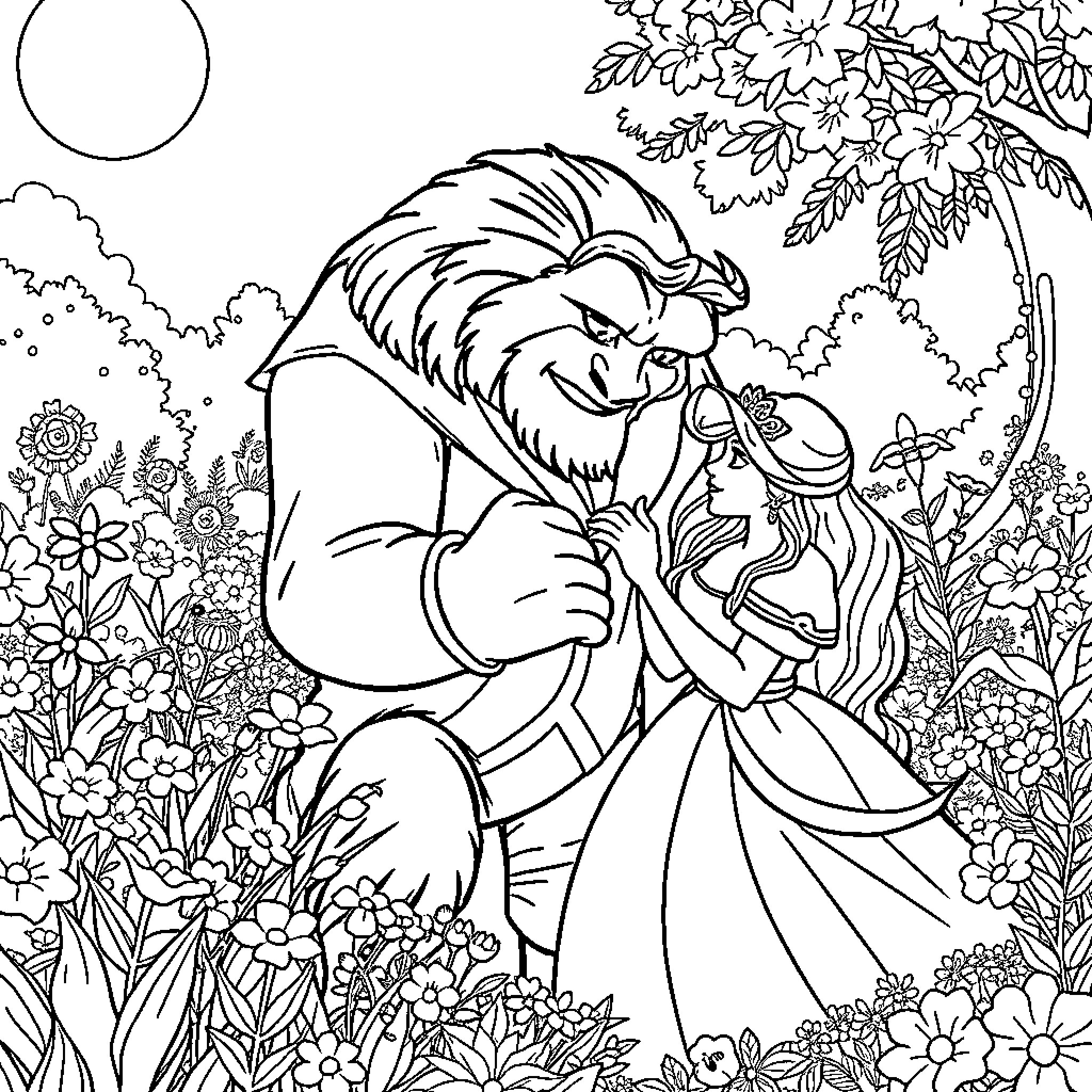 Beauty And The Beast Dancing In Enchanted Garden Coloring Page (free black-and-white line drawing printable PDF for all, from beginners to advanced learners, including children, teens, adults, and seniors)