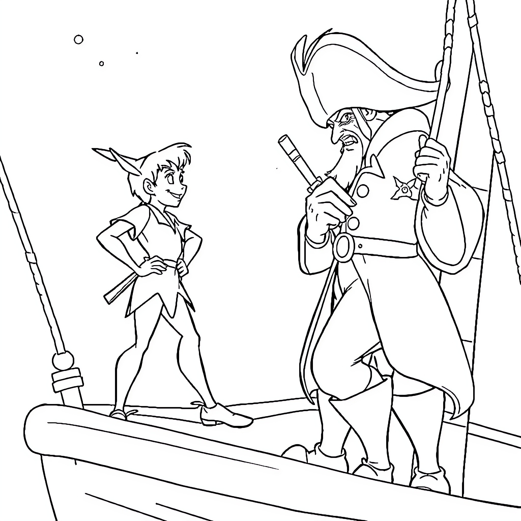 Peter Pan and Captain Hook on a Pirate Ship Coloring Page (free black-and-white line drawing printable PDF for all, from beginners to advanced learners, including children, teens, adults, and seniors)