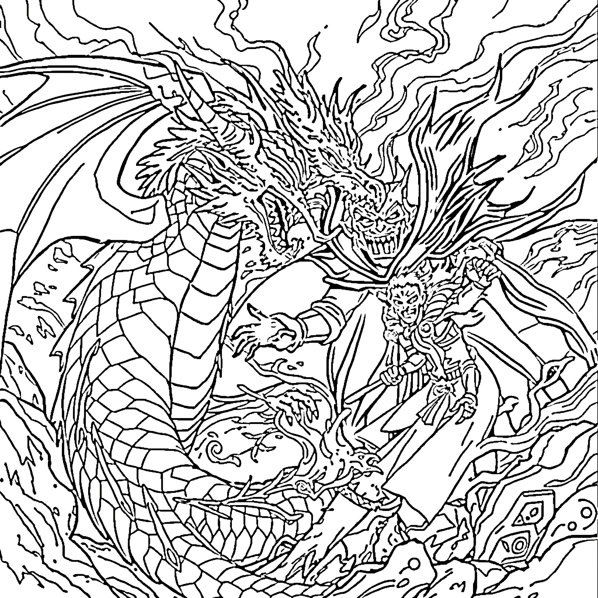 Dragon Ferociously Battling Armored Knight Coloring Page (free black-and-white line drawing printable PDF for all, from beginners to advanced learners, including children, teens, adults, and seniors)
