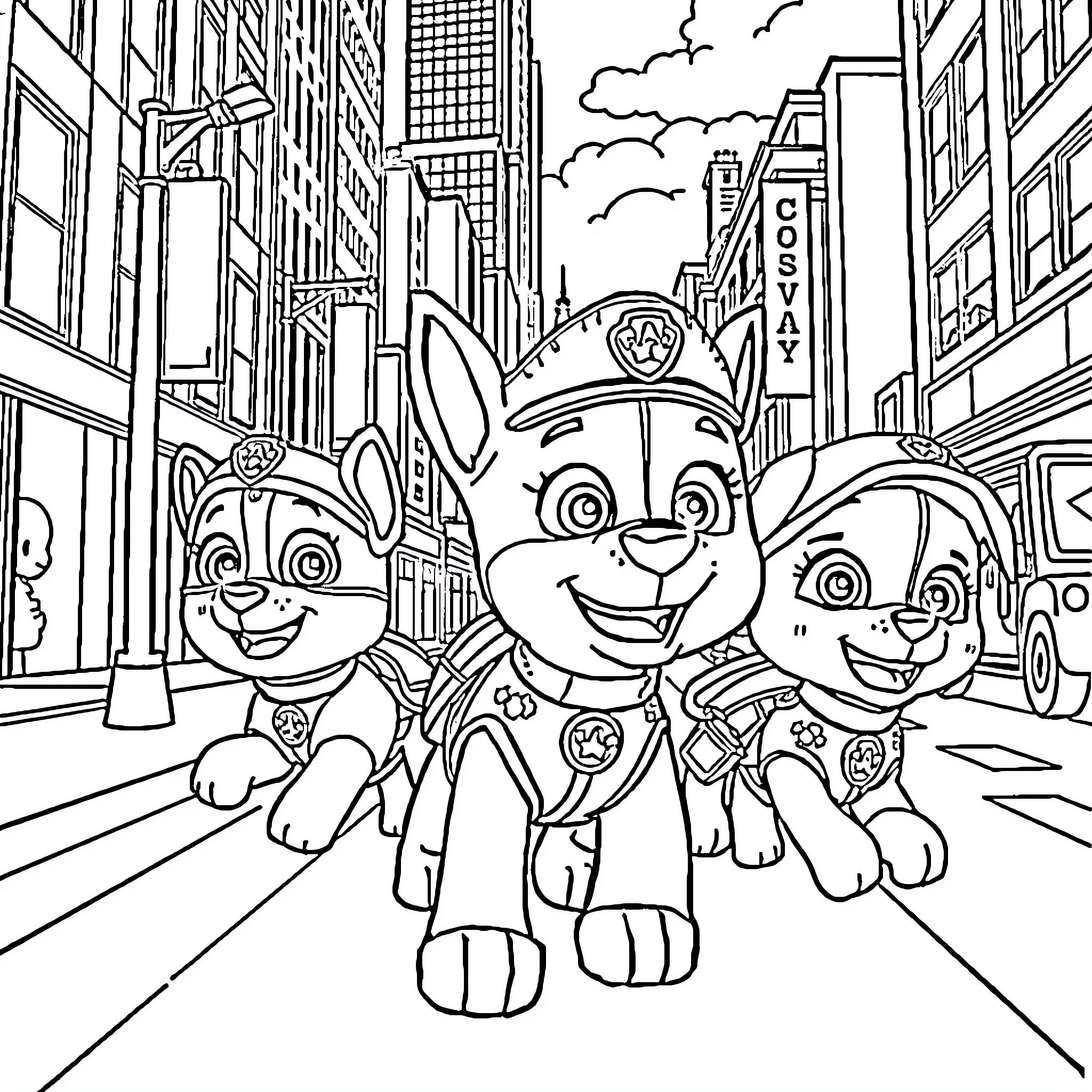 Paw Patrol Pups Explore the Busy City Streets Coloring Page (free black-and-white line drawing printable PDF for all, from beginners to advanced learners, including children, teens, adults, and seniors)