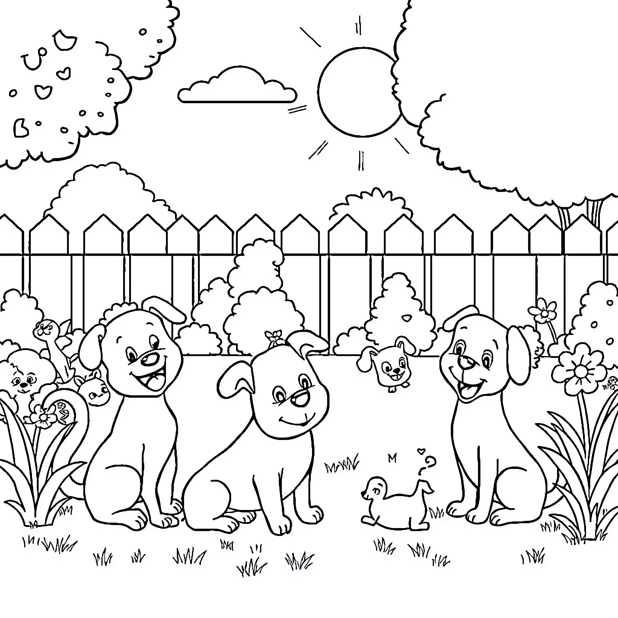 Pet pups playing happily in the yard Coloring Page (free black-and-white line drawing printable PDF for all, from beginners to advanced learners, including children, teens, adults, and seniors)