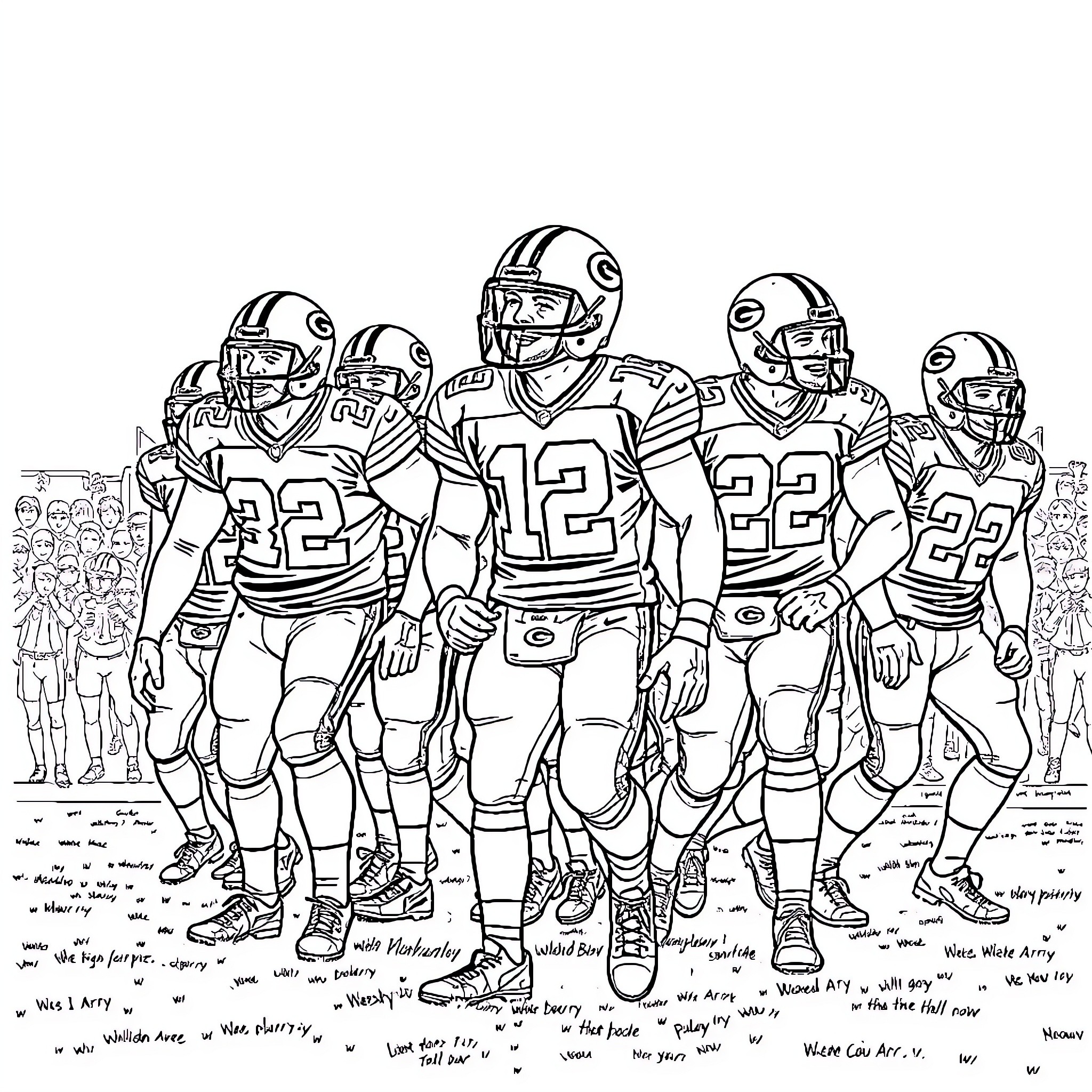 Green Bay Packers Players Posing Together Coloring Page (free black-and-white line drawing printable PDF for all, from beginners to advanced learners, including children, teens, adults, and seniors)