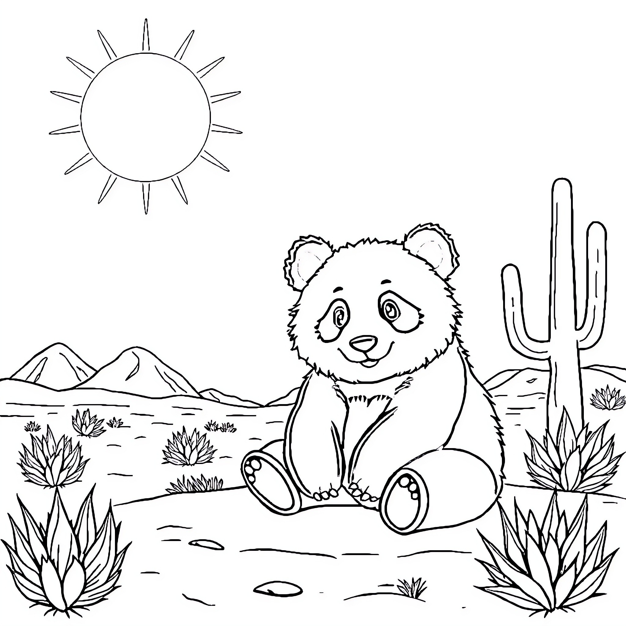 Panda in the Desert Landscape Coloring Page (free black-and-white line drawing printable PDF for all, from beginners to advanced learners, including children, teens, adults, and seniors)
