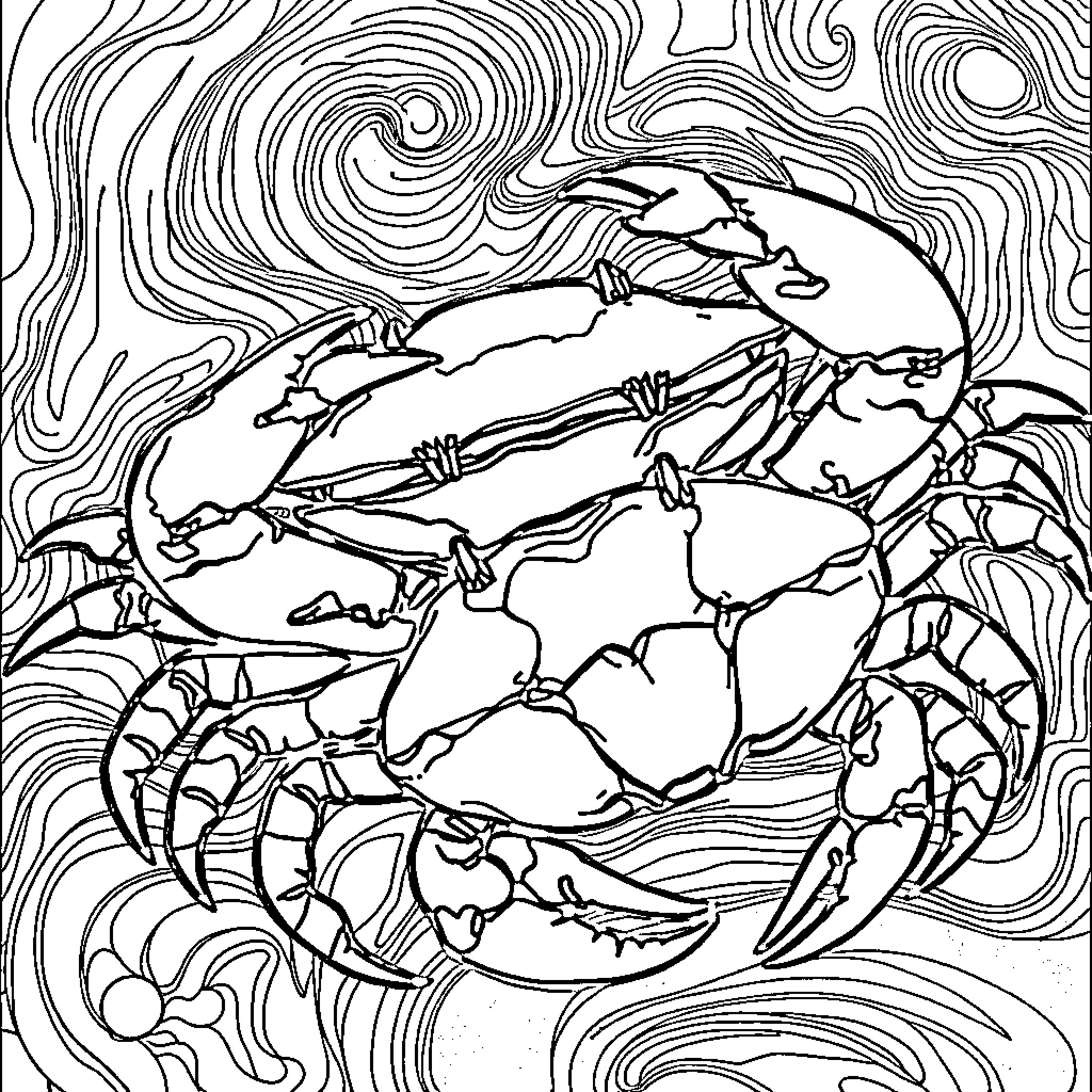 Crab scuttling in the wavy ocean Coloring Page (free black-and-white line drawing printable PDF for all, from beginners to advanced learners, including children, teens, adults, and seniors)