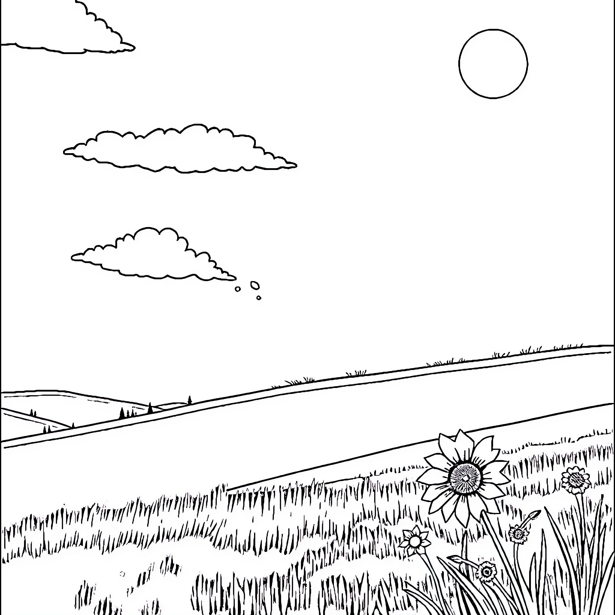 Day in the Countryside with Flowers Coloring Page (free black-and-white line drawing printable PDF for all, from beginners to advanced learners, including children, teens, adults, and seniors)