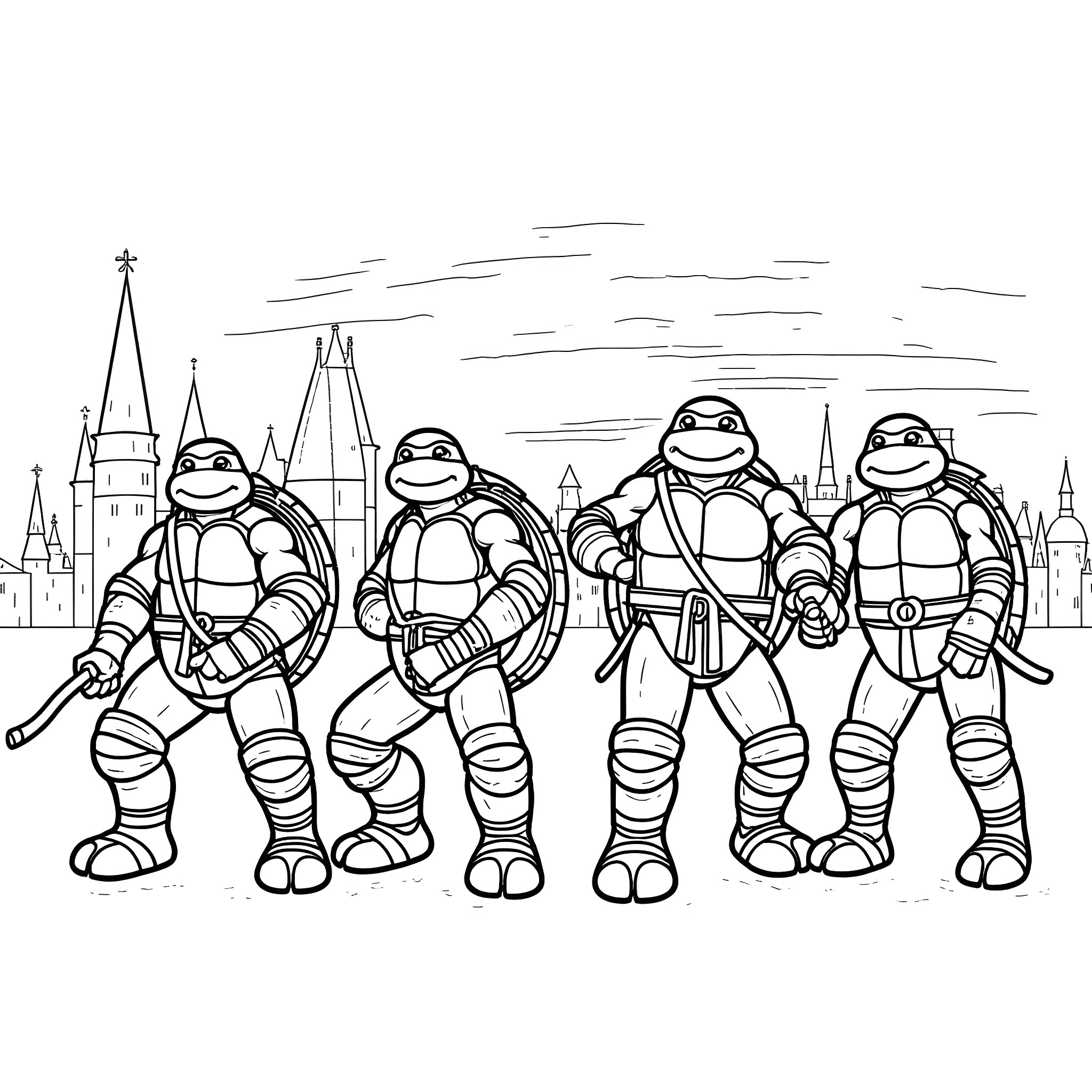 Ninja Turtles on a mission in the city Coloring Page (free black-and-white line drawing printable PDF for all, from beginners to advanced learners, including children, teens, adults, and seniors)