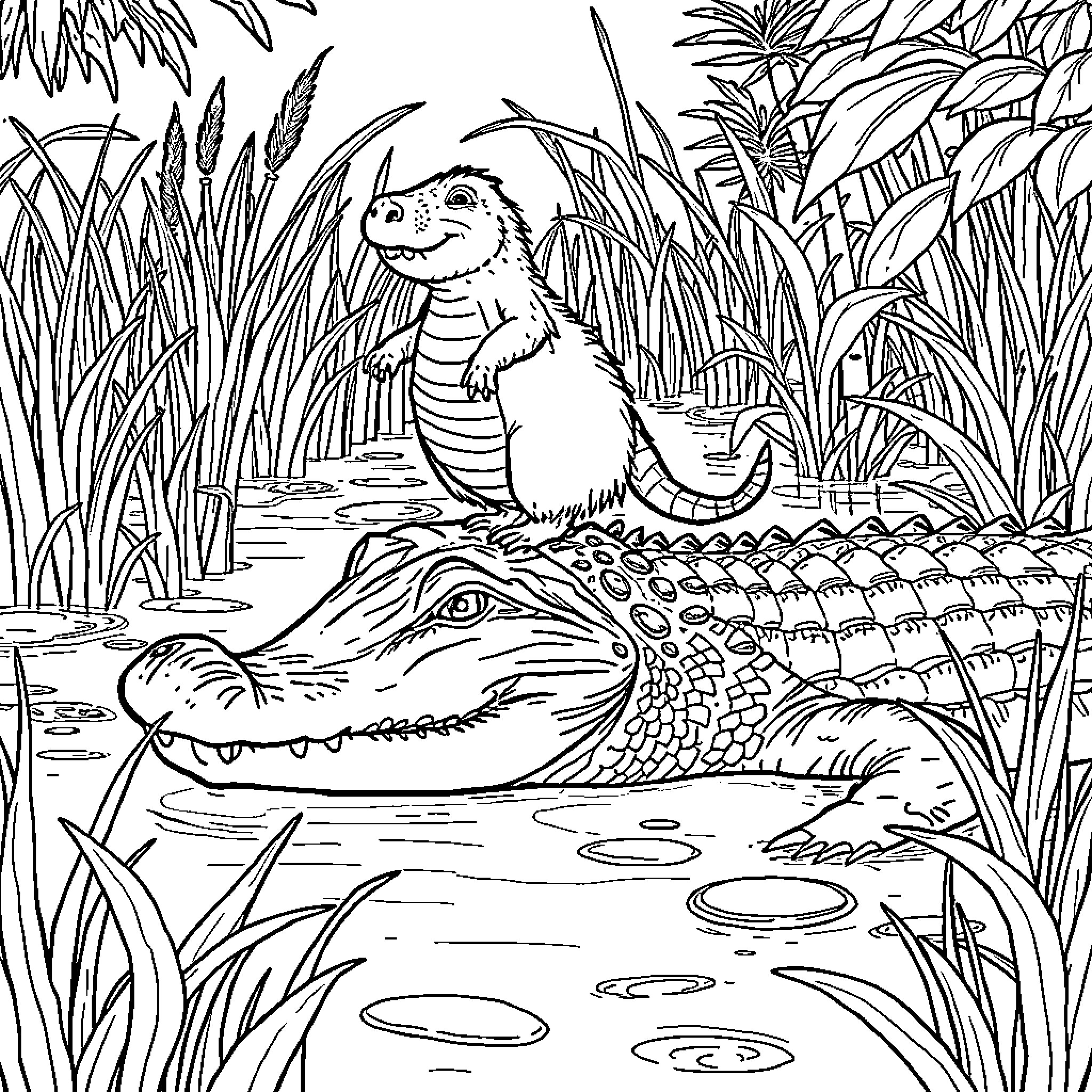 Capybara exploring the swampy habitat with an alligator Coloring Page (free black-and-white line drawing printable PDF for all, from beginners to advanced learners, including children, teens, adults, and seniors)
