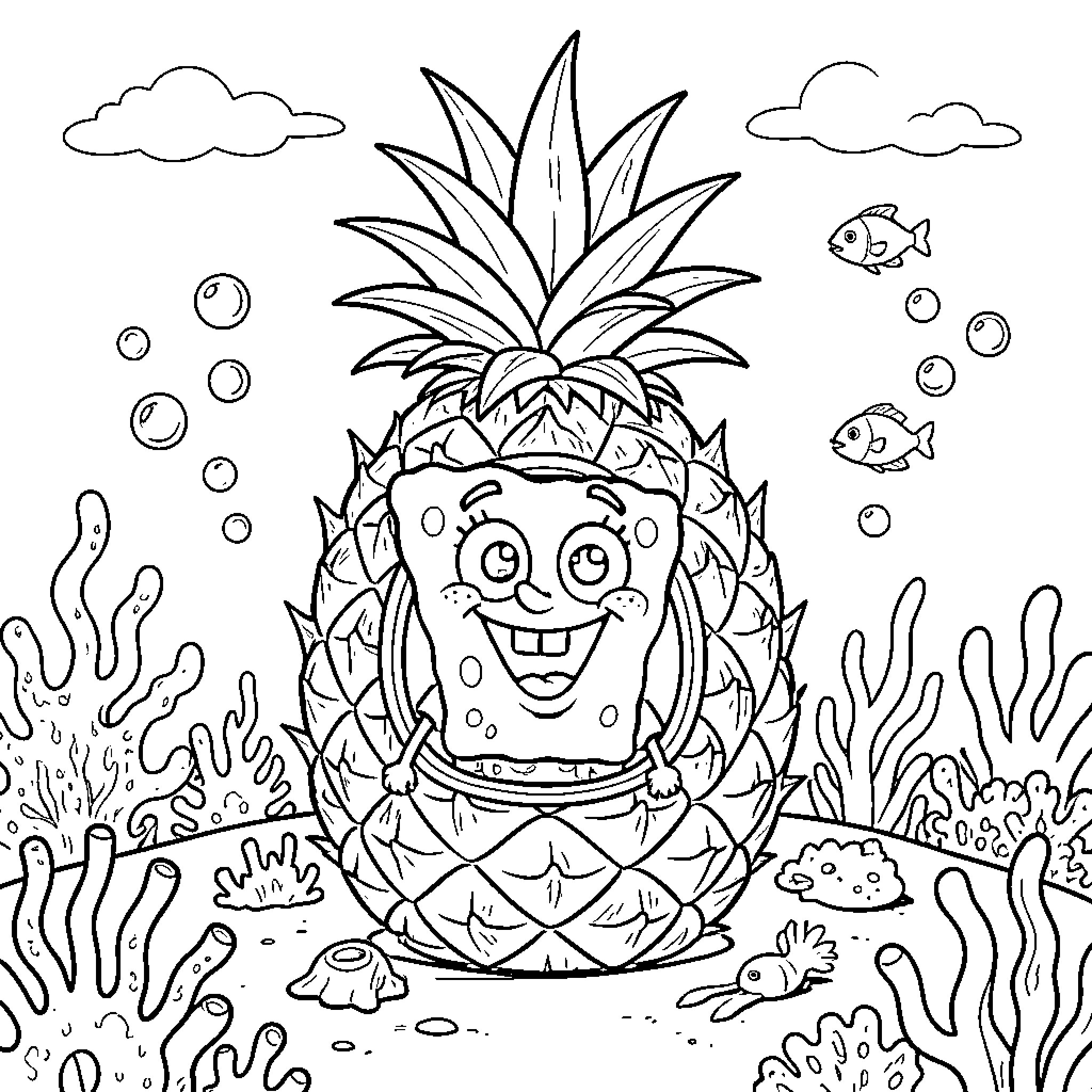 Bob Sponge smiling inside a large pineapple underwater Coloring Page (free black-and-white line drawing printable PDF for all, from beginners to advanced learners, including children, teens, adults, and seniors)