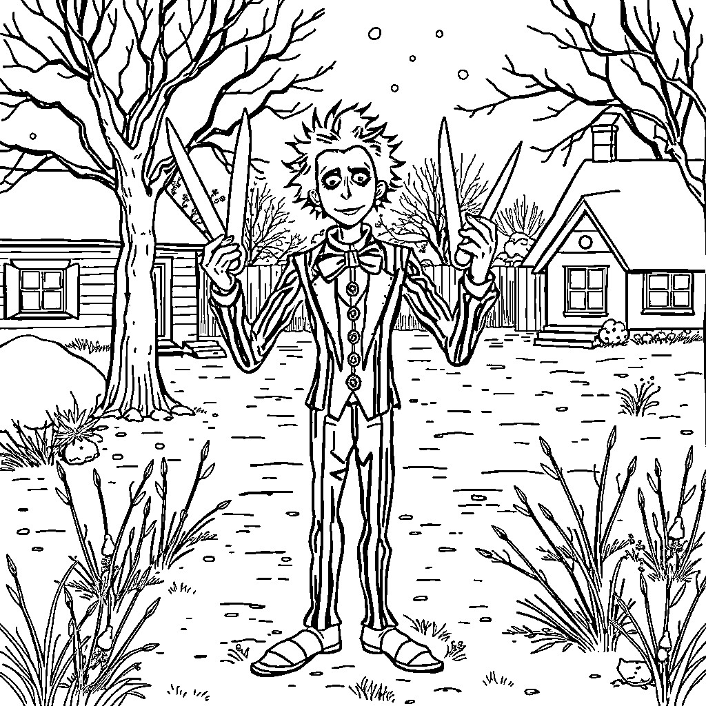 Edward Scissorhands landscaping a suburban neighborhood Coloring Page (free black-and-white line drawing printable PDF for all, from beginners to advanced learners, including children, teens, adults, and seniors)