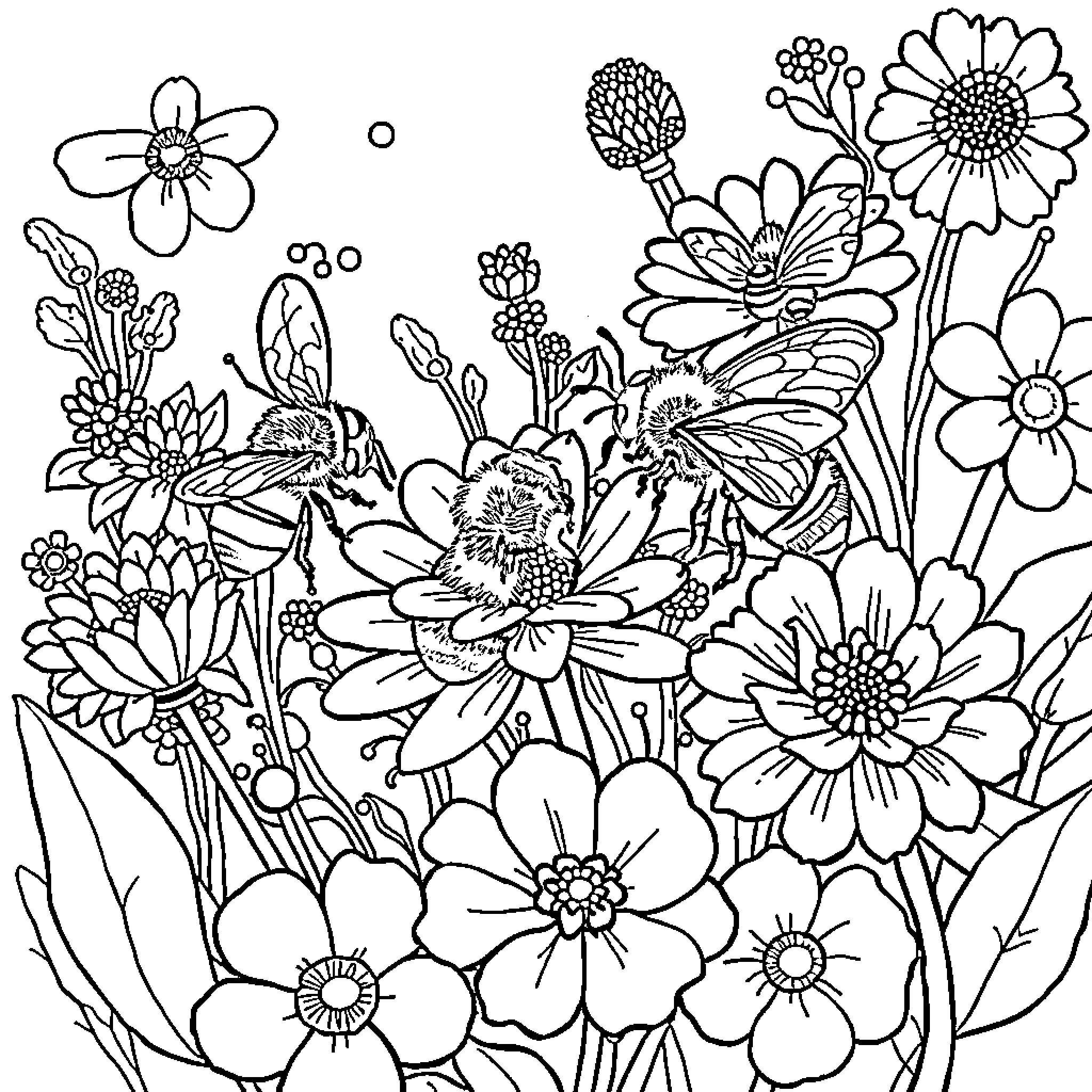 Bee floral garden with vibrant flowers Coloring Page (free black-and-white line drawing printable PDF for all, from beginners to advanced learners, including children, teens, adults, and seniors)
