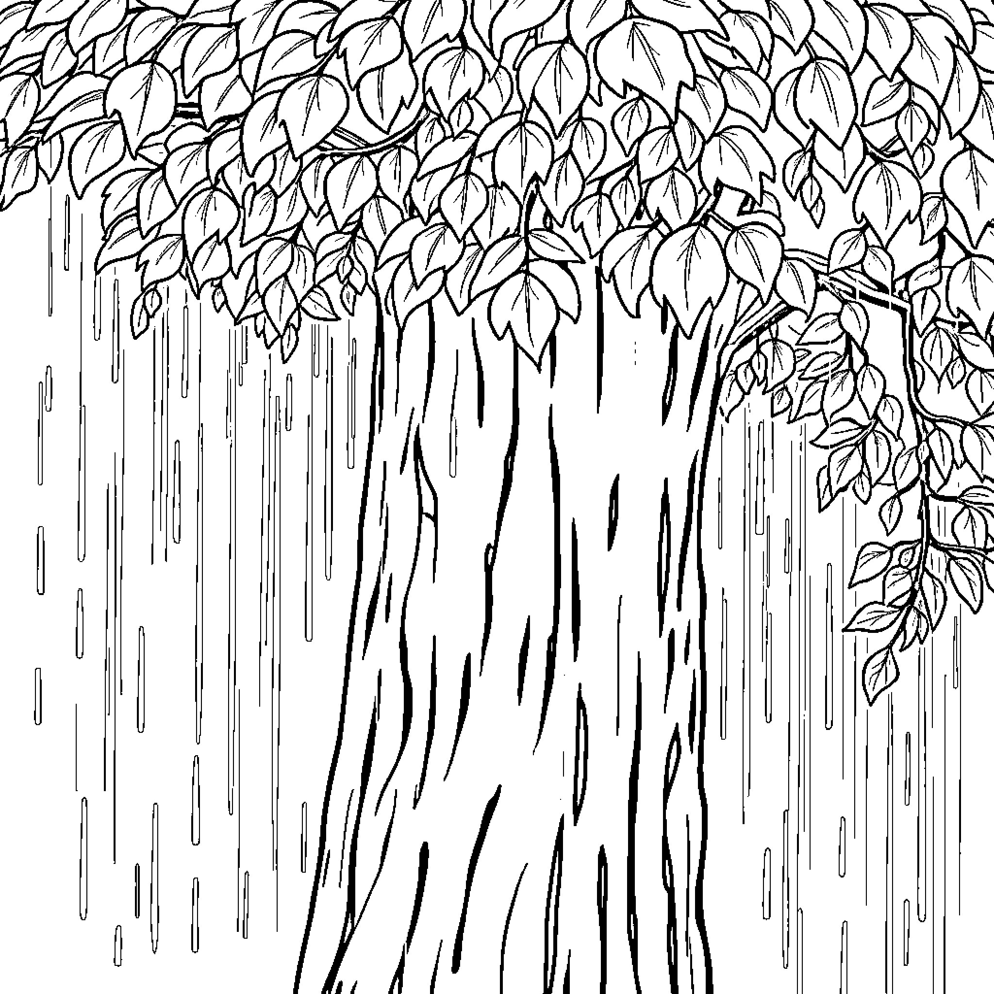 Tree with Flowing Leaves and Branches Coloring Page (free black-and-white line drawing printable PDF for all, from beginners to advanced learners, including children, teens, adults, and seniors)